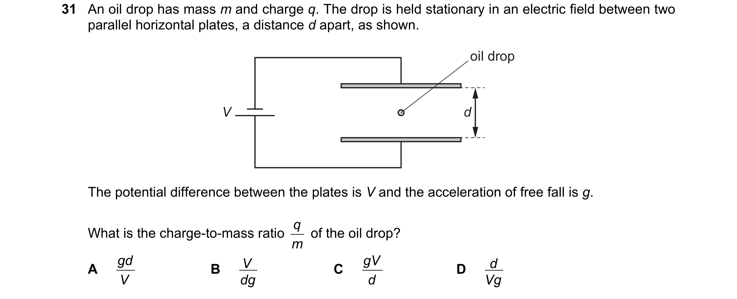 Question 125: An oil drop has mass m and charge q. The drop is held stationary in an electric field between two parallel horizontal plates, a distance d …