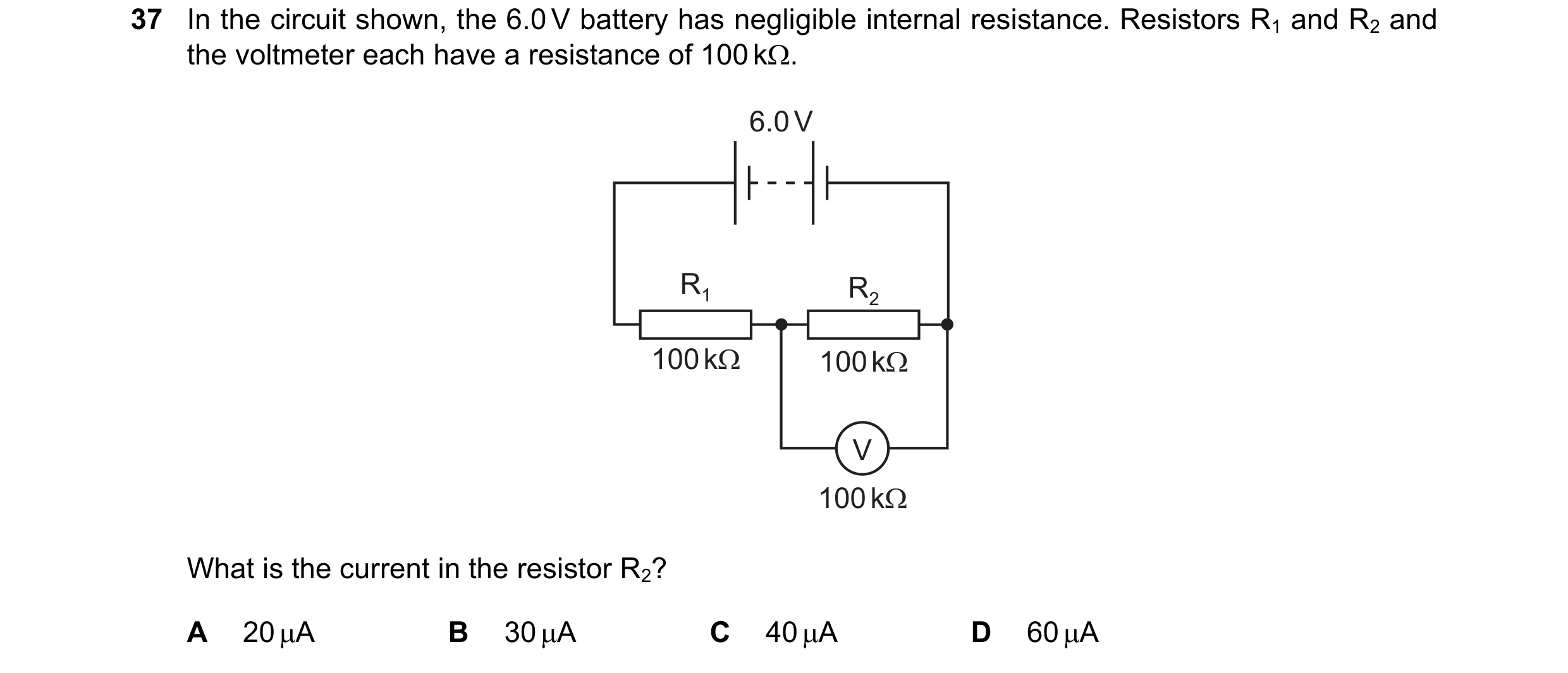 Question 86: In the circuit shown, the 6.0 V battery has negligible internal resistance. Resistors R1 and R2 and the voltmeter each have a resistance of…