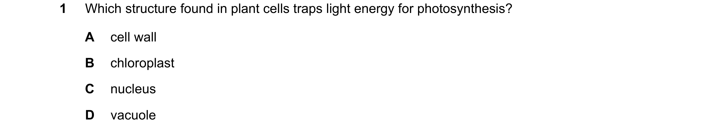 Question 11: Which structure found in plant cells traps light energy for photosynthesis? A cell wall B chloroplast C nucleus D vacuole