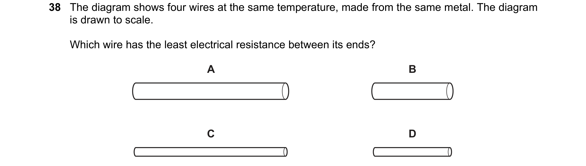 Question 17: The diagram shows four wires at the same temperature, made from the same metal. The diagram is drawn to scale. Which wire has the least ele…