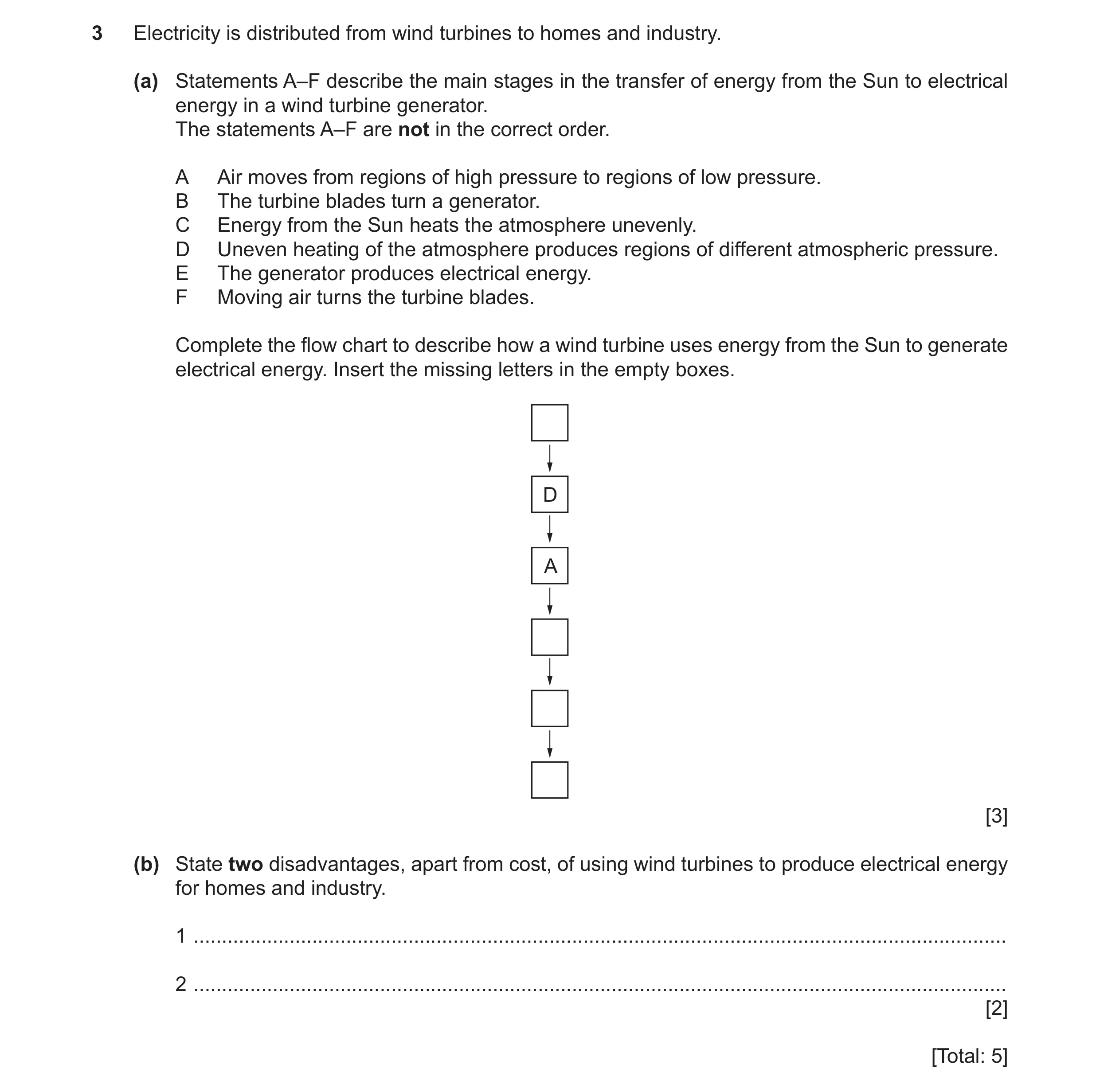 Question 116: Electricity is distributed from wind turbines to homes and industry. (a) Statements A–F describe the main stages in the transfer of energy …