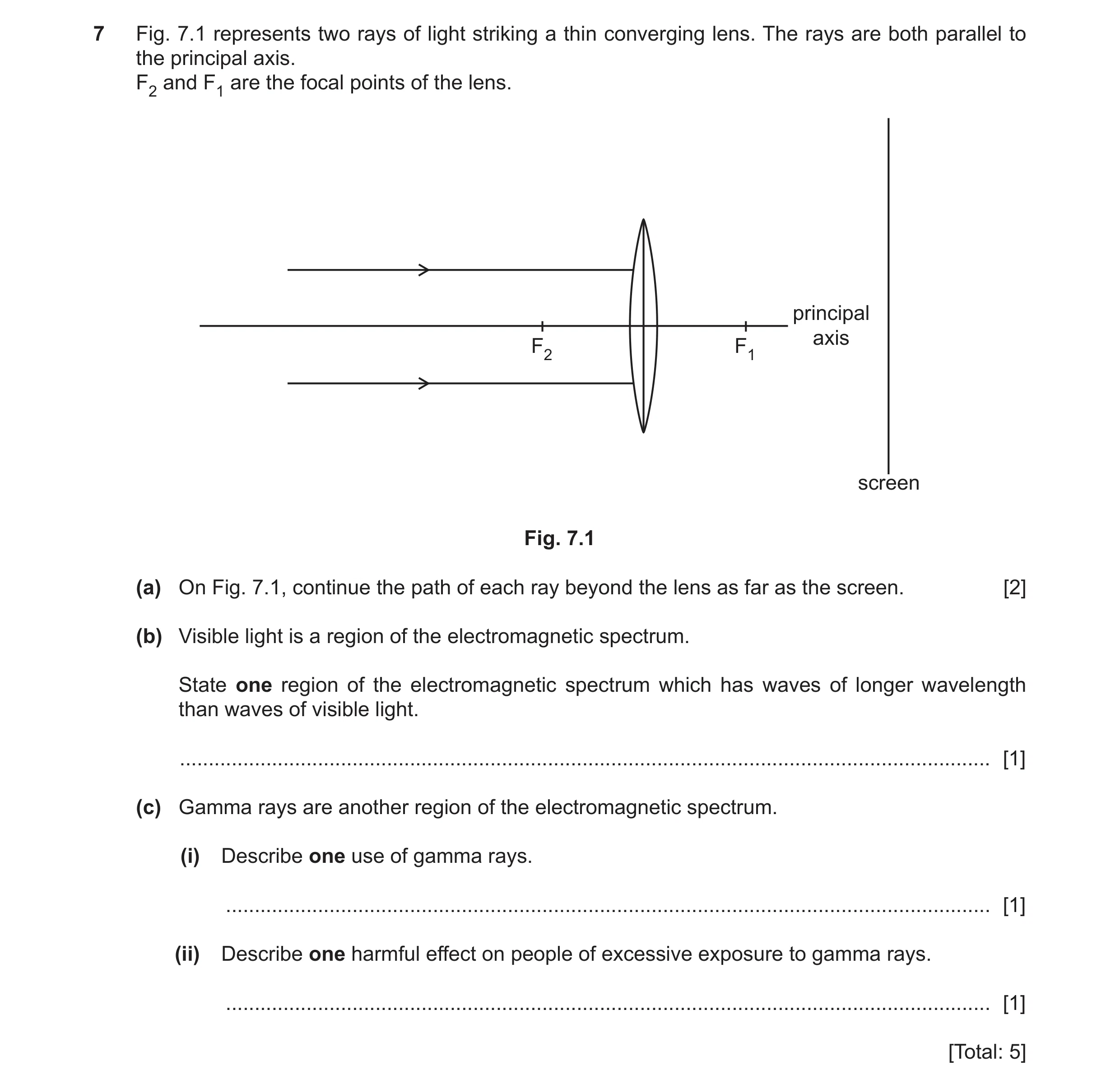 Question 30: Fig. 7.1 represents two rays of light striking a thin converging lens. The rays are both parallel to the principal axis. F2 and F1 are the …