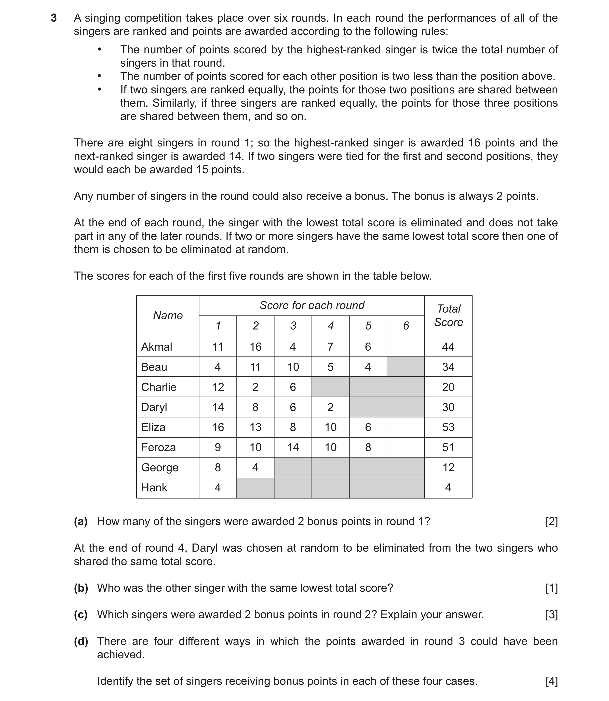 Question 67: A singing competition takes place over six rounds. In each round the performances of all of the singers are ranked and points are awarded a…