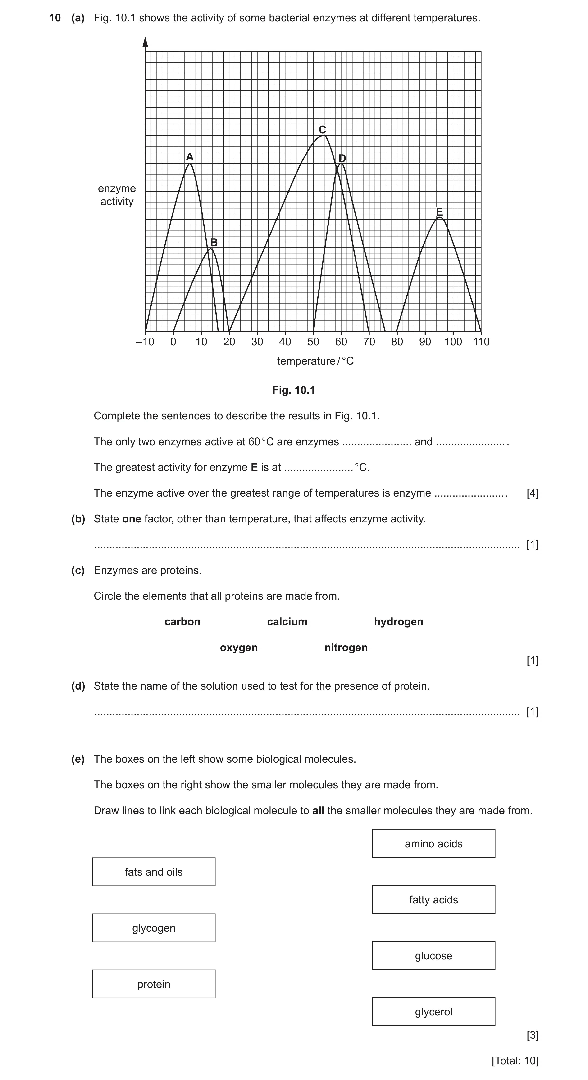 Question 11: (a) Fig. 10.1 shows the activity of some bacterial enzymes at different temperatures. CC AA DD enzyme activity EE BB –10 0 10 20 30 40 50 6…