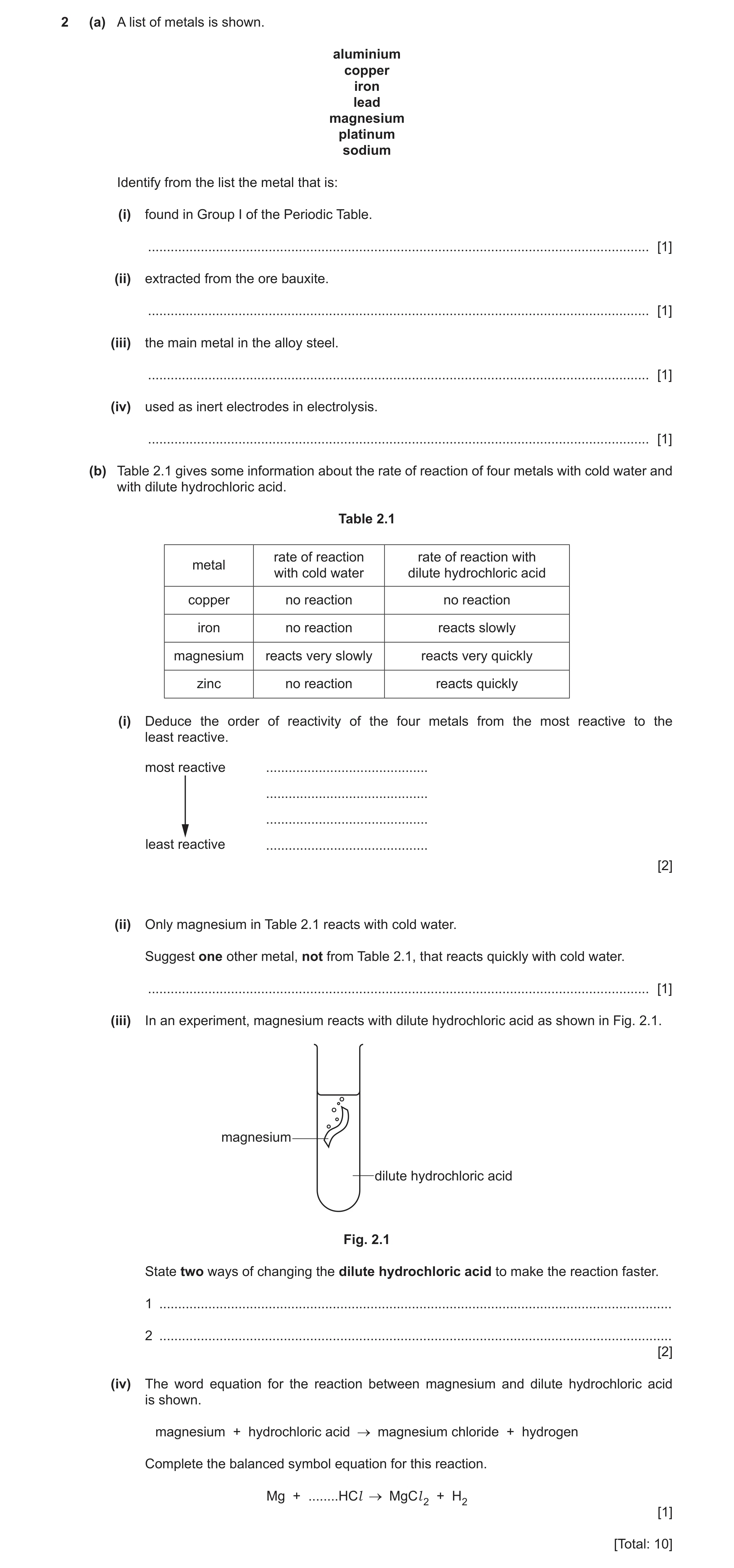 Question 14: (a) A list of metals is shown. aluminium copper iron lead magnesium platinum sodium Identify from the list the metal that is: (i) found in …