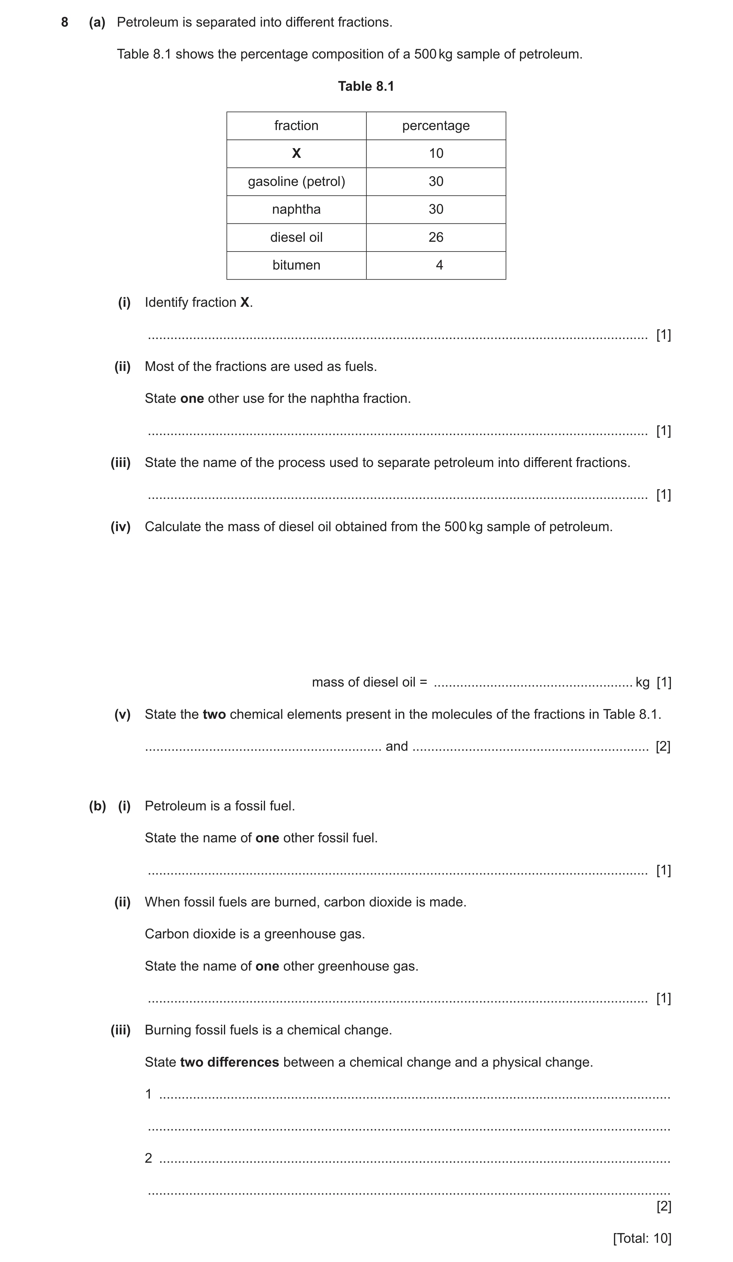 Question 41: (a) Petroleum is separated into different fractions. Table 8.1 shows the percentage composition of a 500 kg sample of petroleum. Table 8.1 …