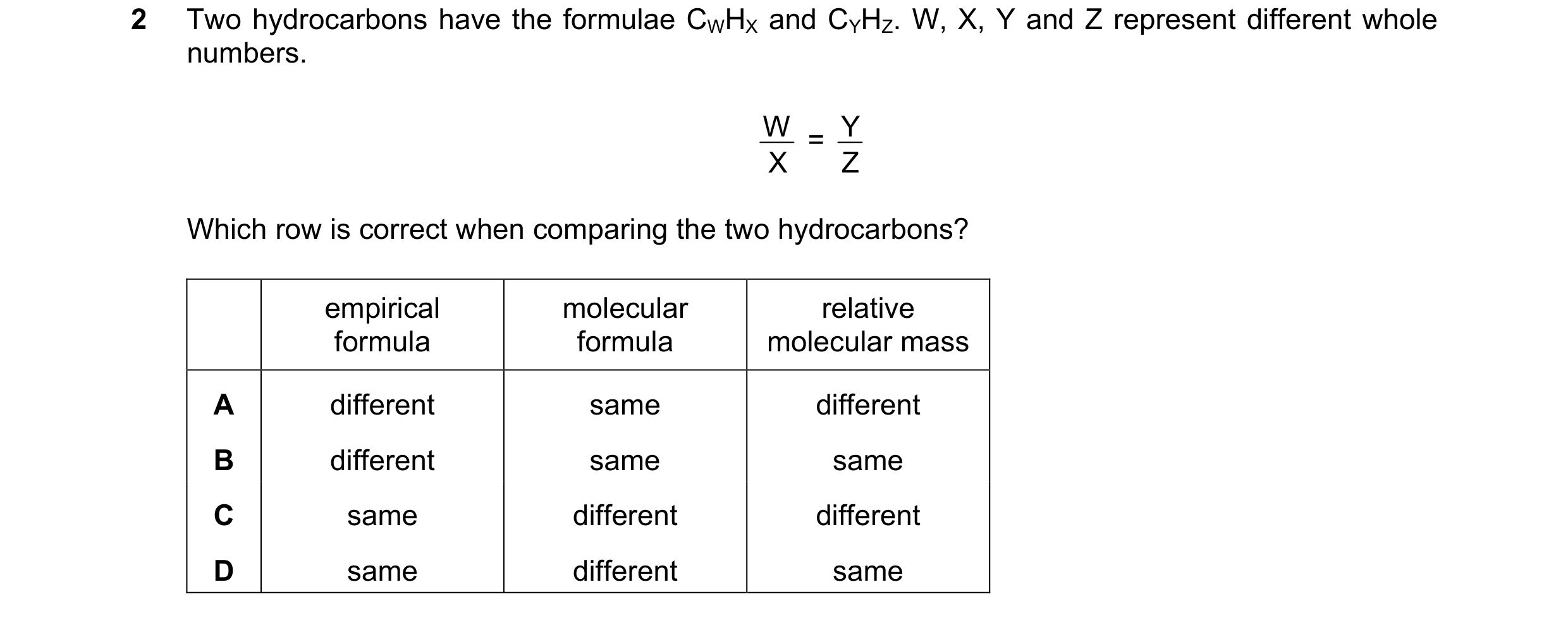 Question 34: Two hydrocarbons have the formulae CWHX and CYHZ. W, X, Y and Z represent different whole numbers. W = Z Y X Which row is correct when com…