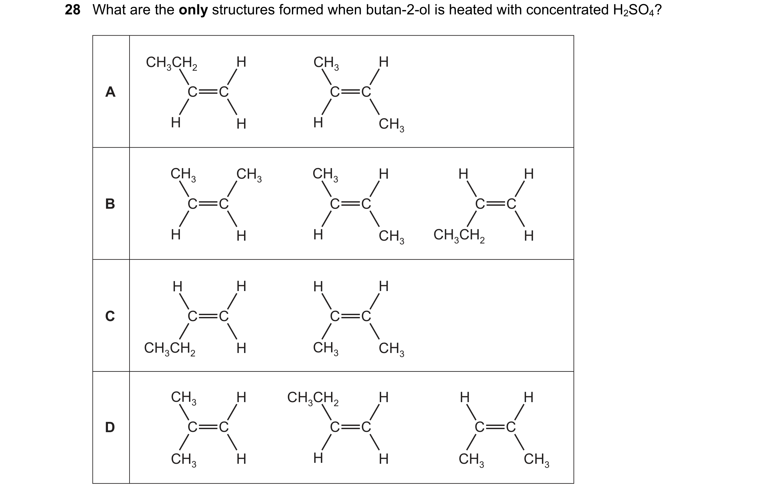 Question 186: What are the only structures formed when butan-2-ol is heated with concentrated H2SO4? CH3CH2 H CH3 H A C C C C H H H CH3 CH3 CH3 CH3 H H H…