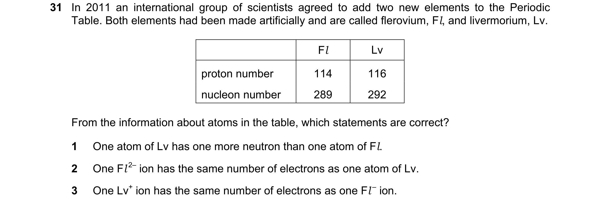 Question 71: In 2011 an international group of scientists agreed to add two new elements to the Periodic Table. Both elements had been made artificially…