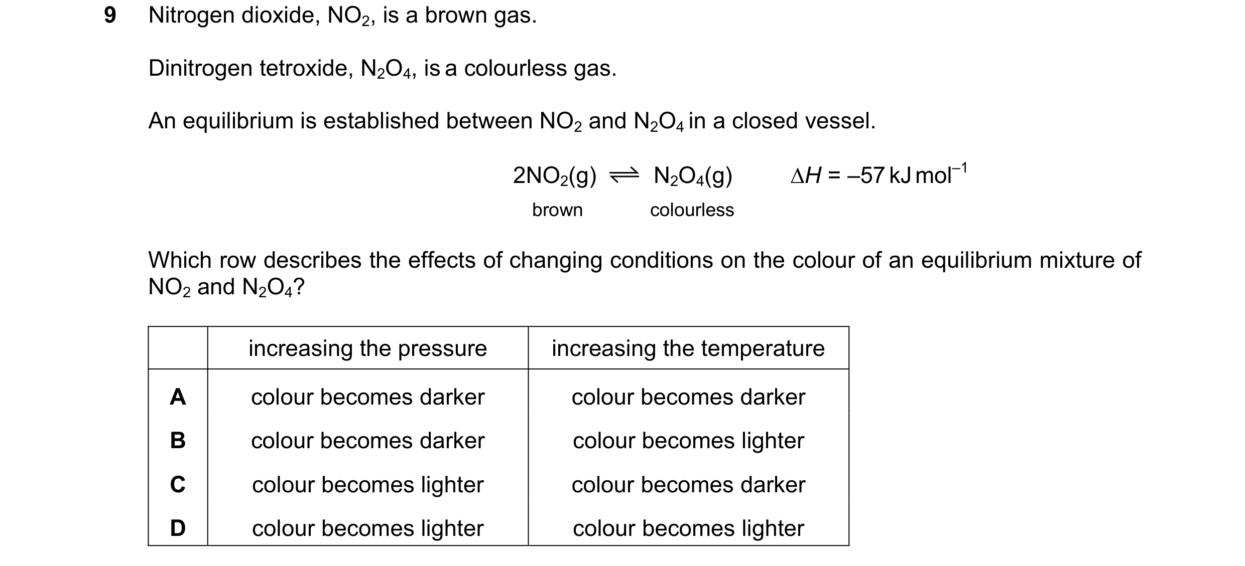 Question 82: Nitrogen dioxide, NO2, is a brown gas. Dinitrogen tetroxide, N2O4, is a colourless gas. An equilibrium is established between NO2 and N2O4 …