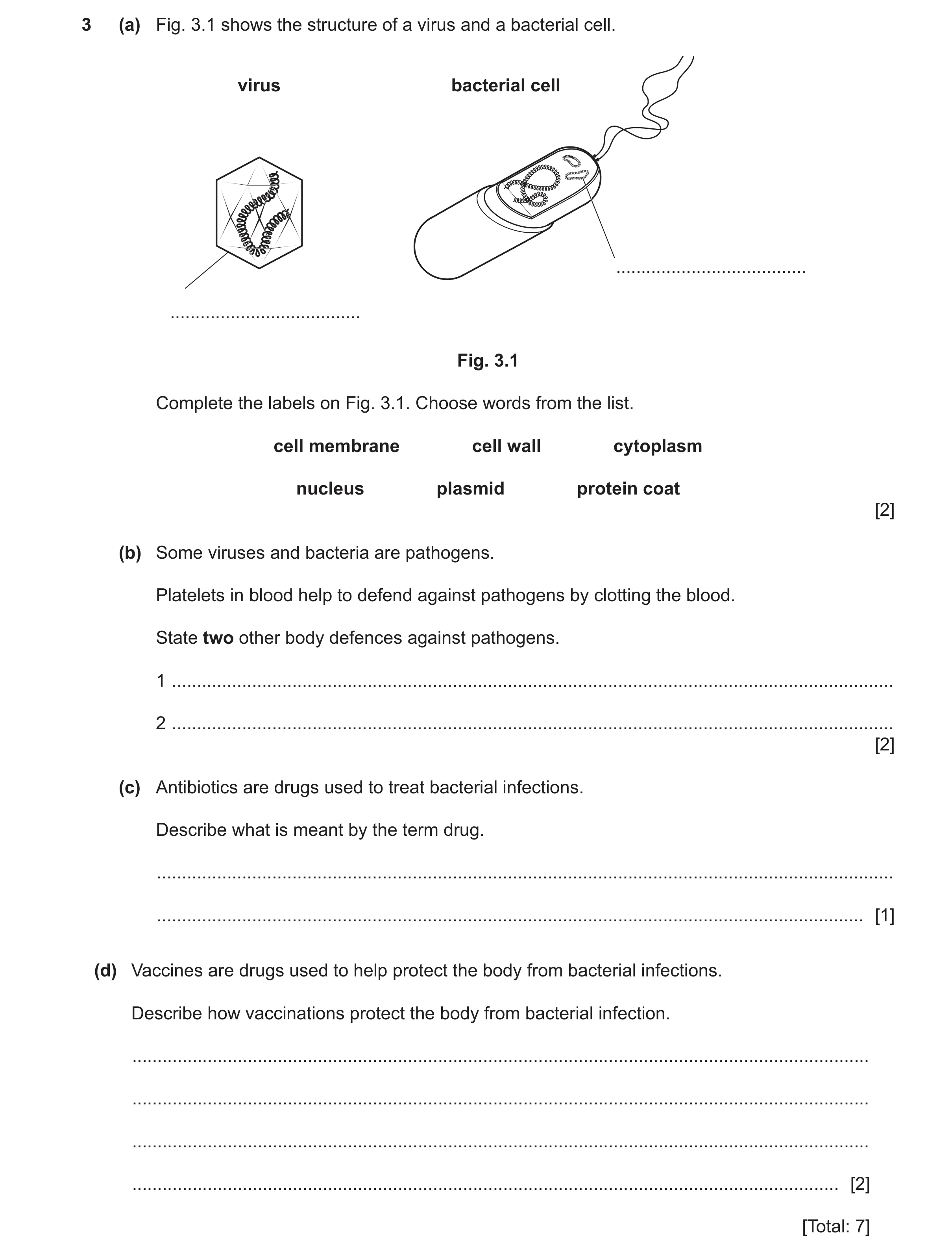Question 13: (a) Fig. 3.1 shows the structure of a virus and a bacterial cell. virus bacterial cell ...................................... .............…