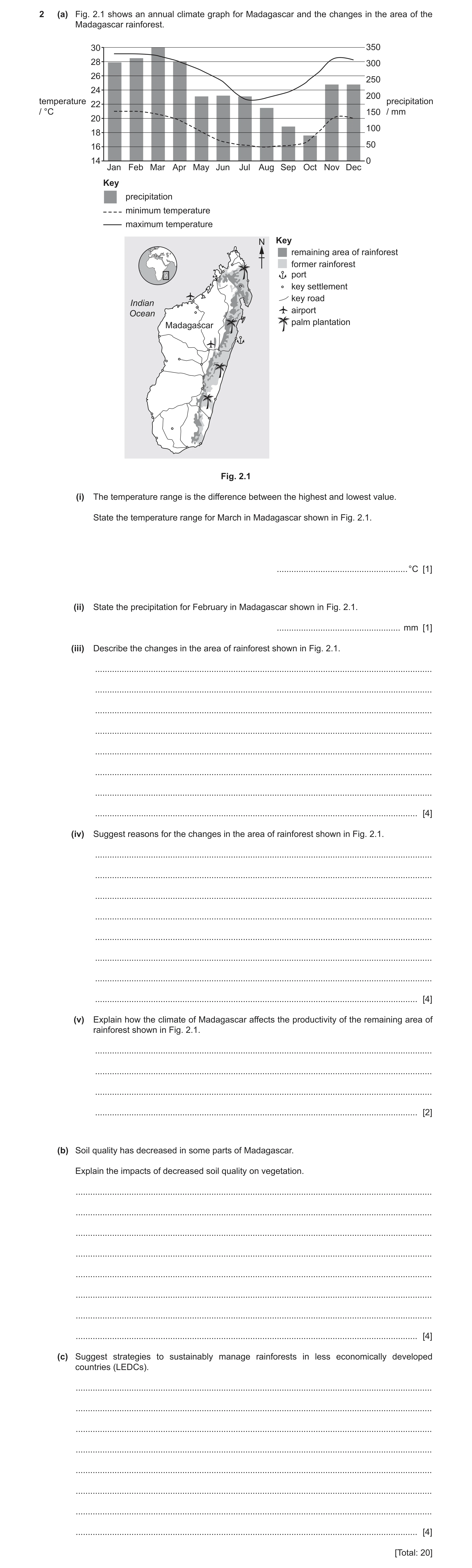 Question 51: (a) Fig. 2.1 shows an annual climate graph for Madagascar and the changes in the area of the Madagascar rainforest. 30 350 28 300 26 250 24…