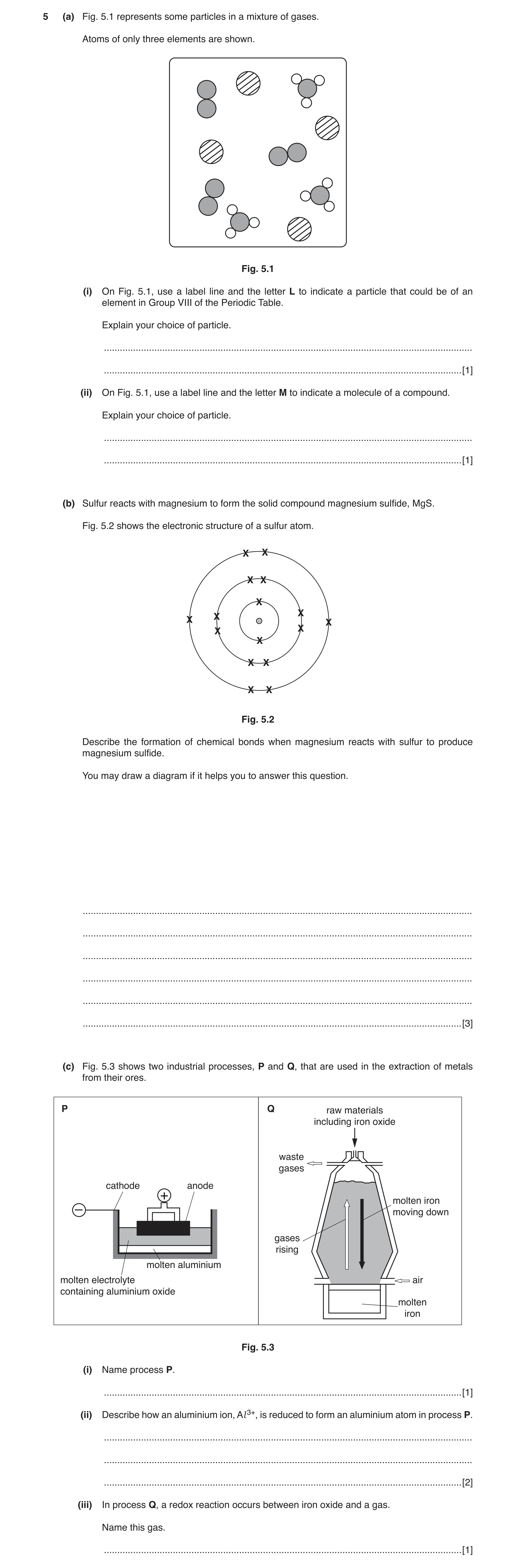 Question 2: (a) Fig. 5.1 represents some particles in a mixture of gases. Atoms of only three elements are shown. Fig. 5.1 (i) On Fig. 5.1, use a label…