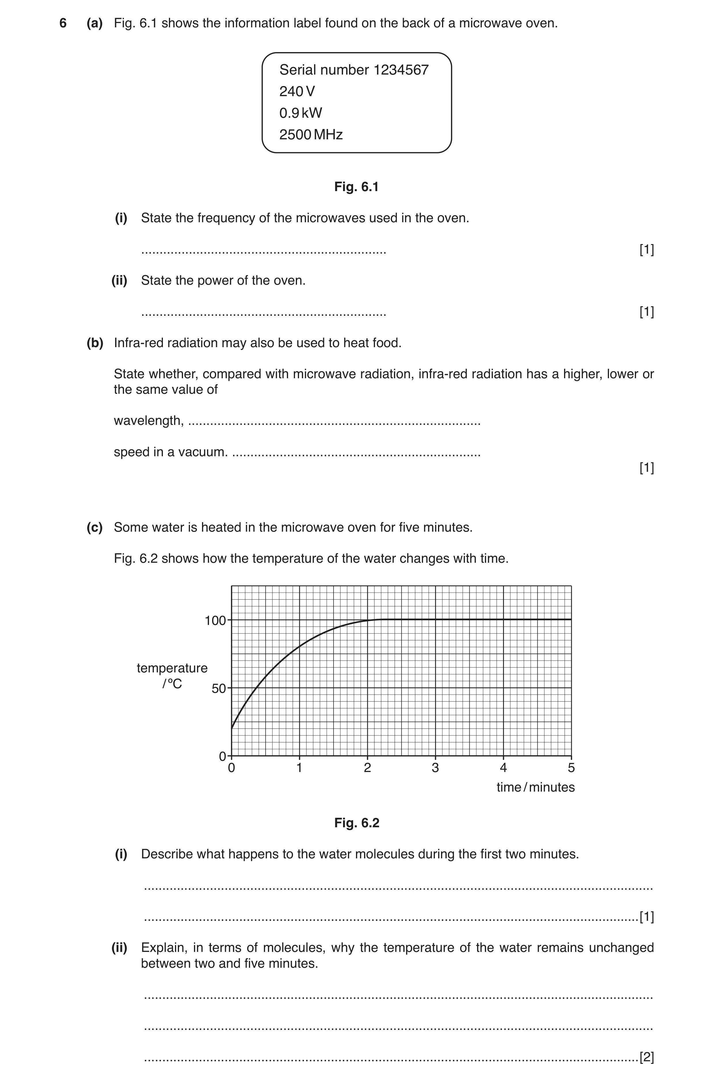 Question 2: (a) Fig. 6.1 shows the information label found on the back of a microwave oven. Serial number 1234567 240 V 0.9 kW 2500 MHz Fig. 6.1 (i) St…