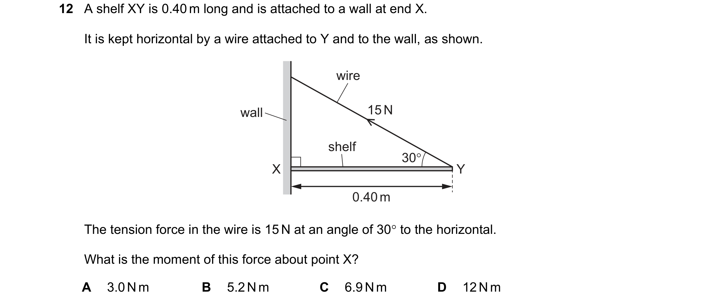 Question 104: Ashelf XY is 0.40 m long and is attached to a wall at end X.
It is kept horizontal by a wire attached to Y and to the wall, as shown.
0.4…
