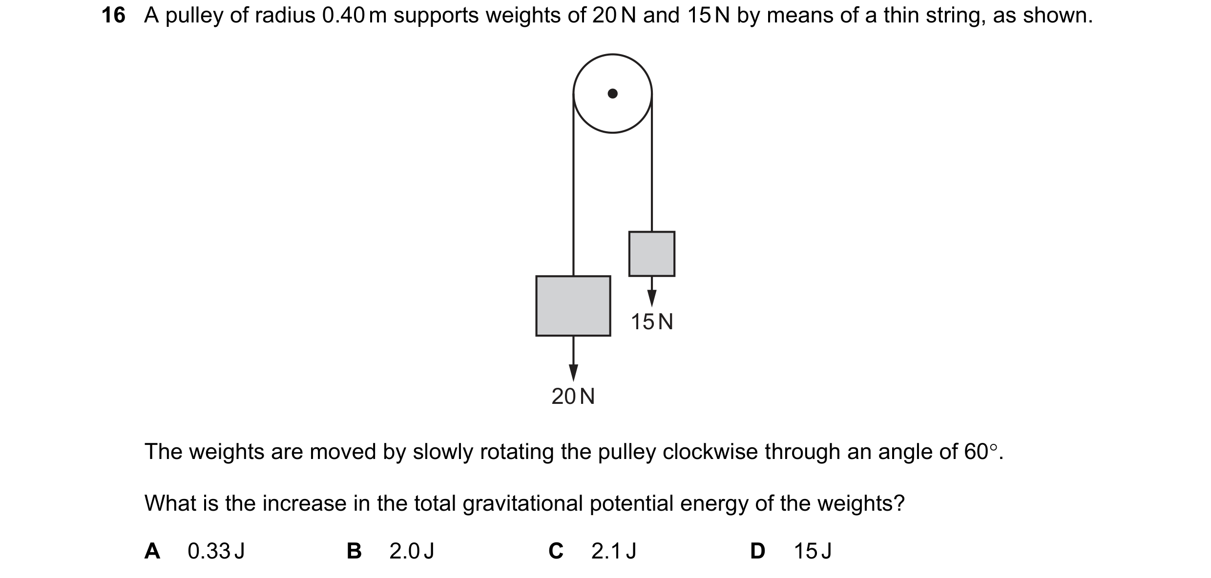 Question 126: A pulley of radius 0.40 m supports weights of 20 N and 15 N by means of a thin string, as shown. 15 N 20 N The weights are moved by slowly …
