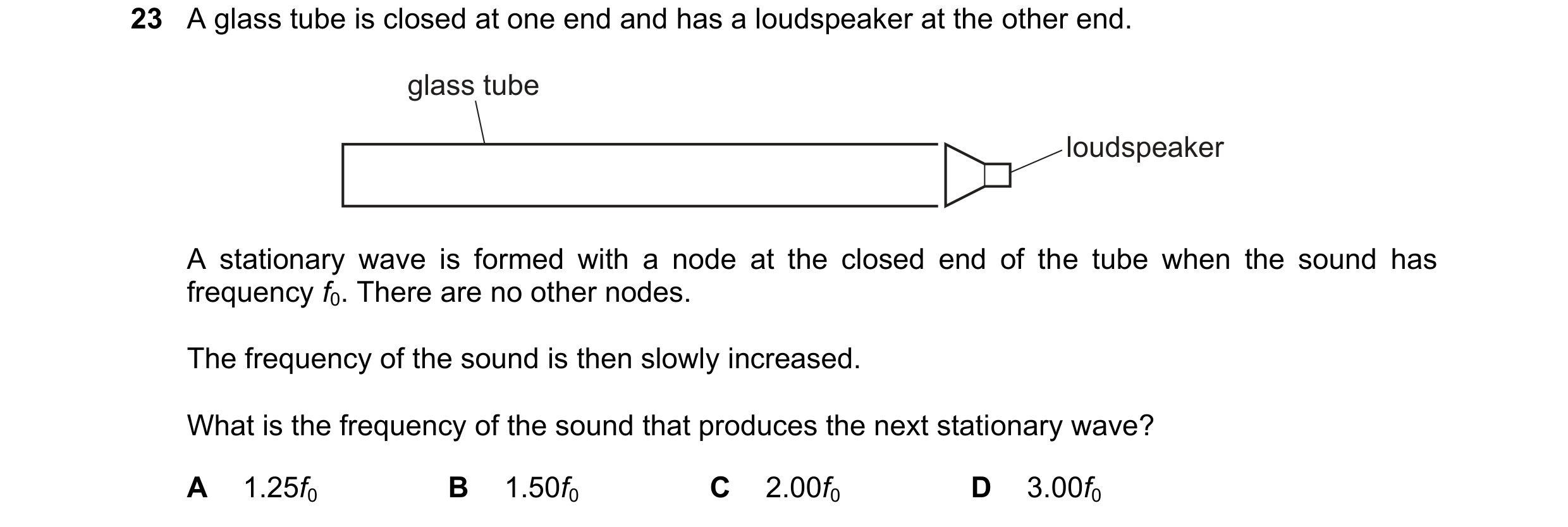 Question 97: A glass tube is closed at one end and has a loudspeaker at the other end. glass tube loudspeaker A stationary wave is formed with a node at…