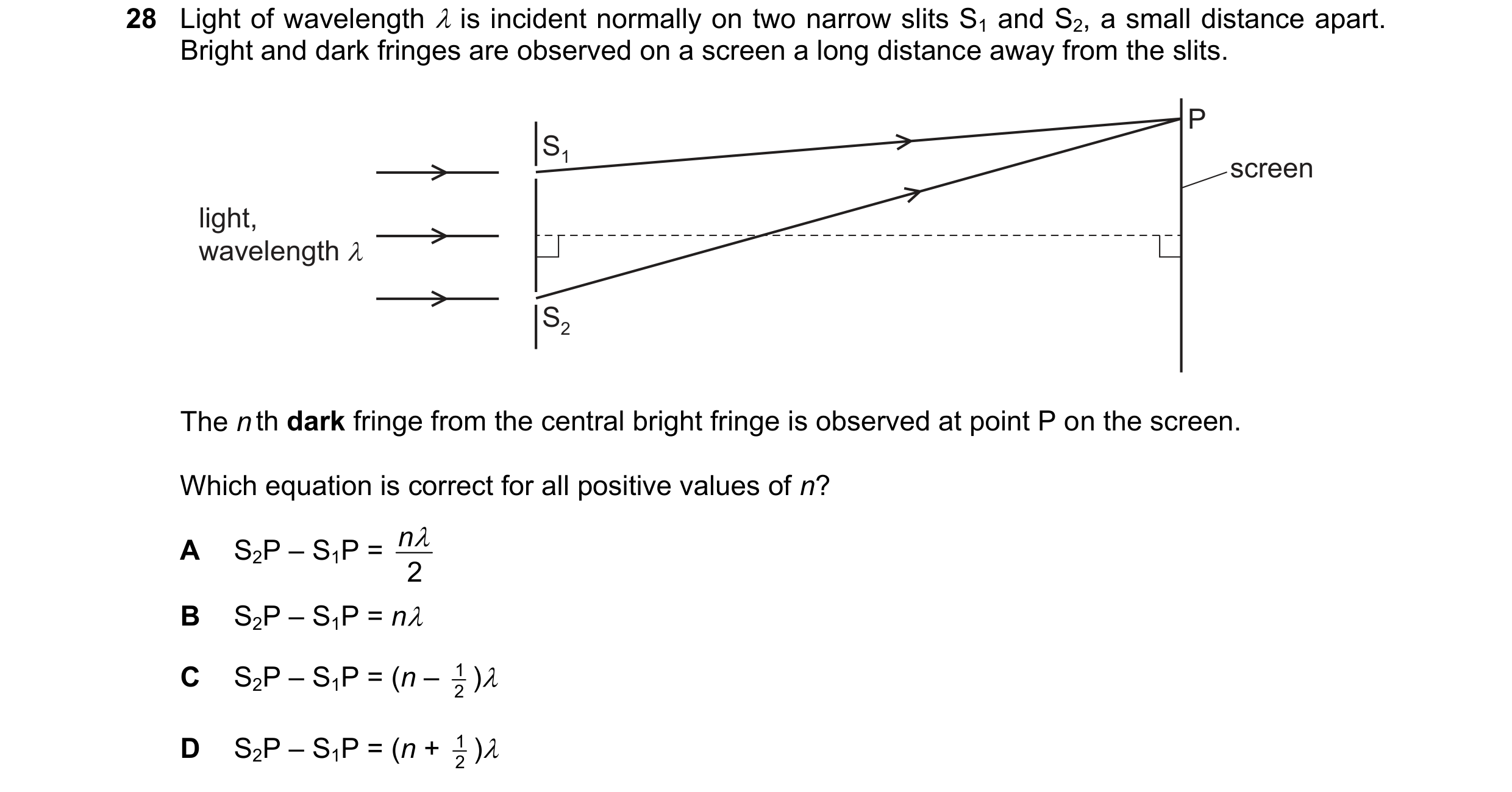 Question 88: Light of wavelength 4 is incident normally on two narrow slits S; and S2, a small distance apart.
Bright and dark fringes are observed on a…
