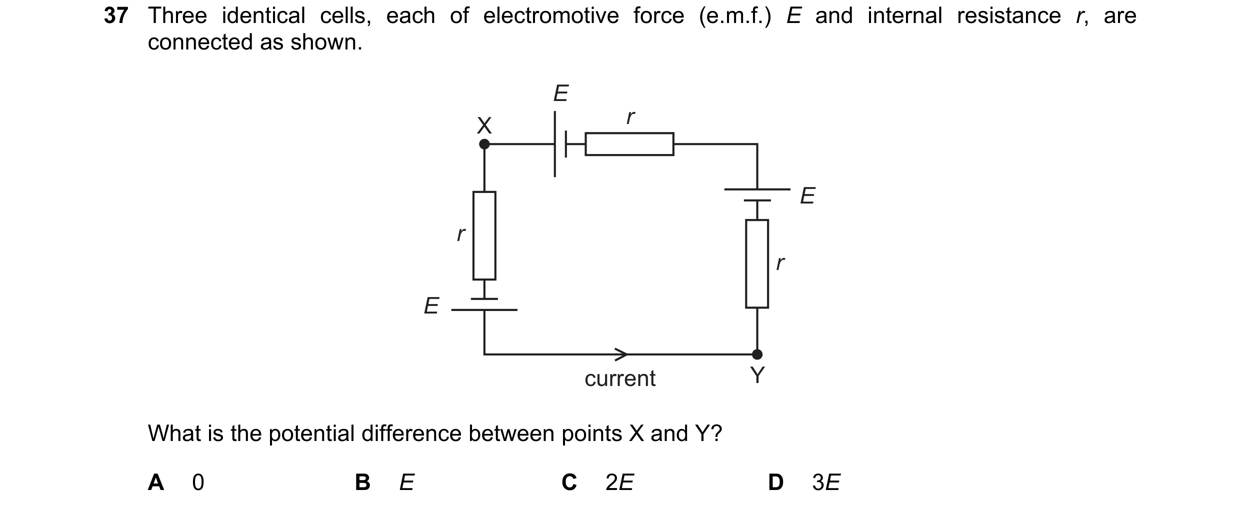 Question 55: Three identical cells, each of electromotive force (e.m.f.) E and internal resistance r, are connected as shown. E r X E r r E current Y Wh…