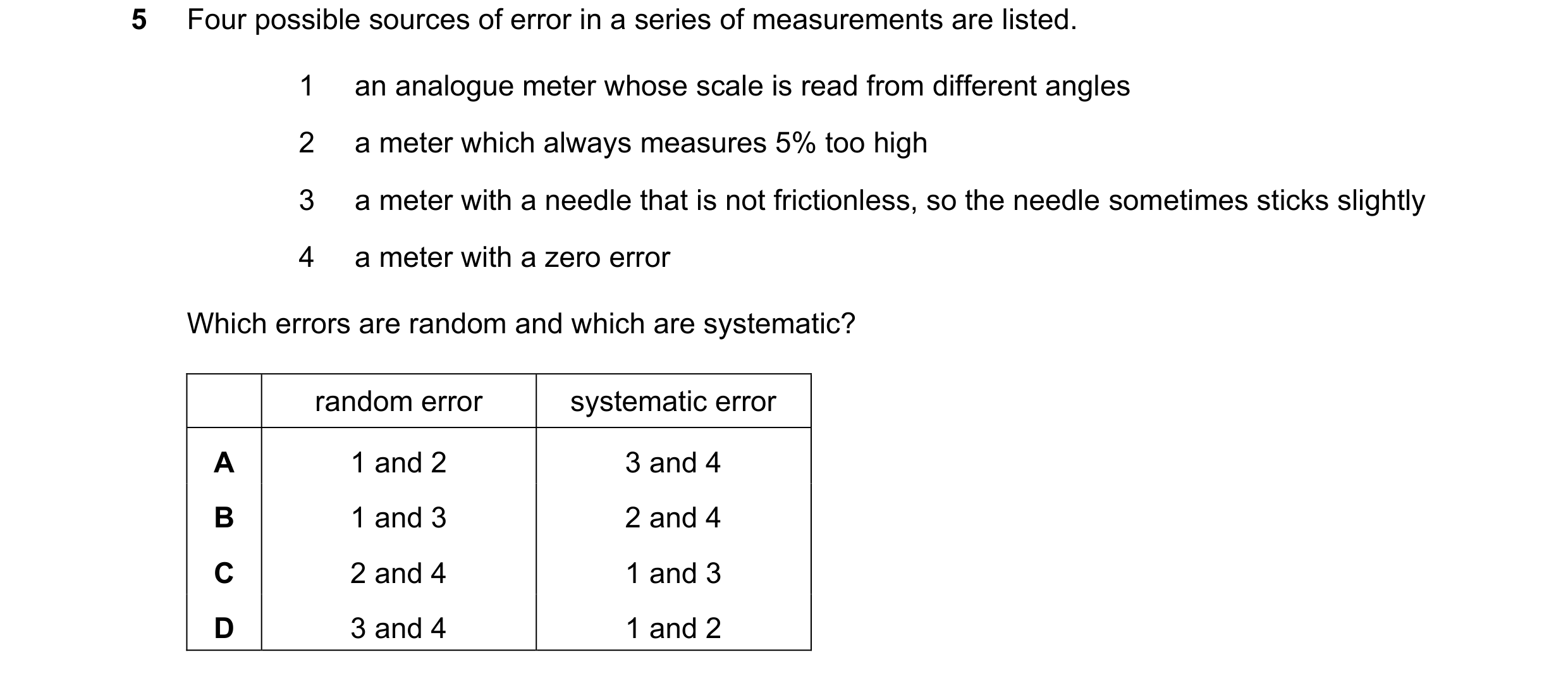 Question 126: Four possible sources of error in a series of measurements are listed. 1 an analogue meter whose scale is read from different angles 2 a me…