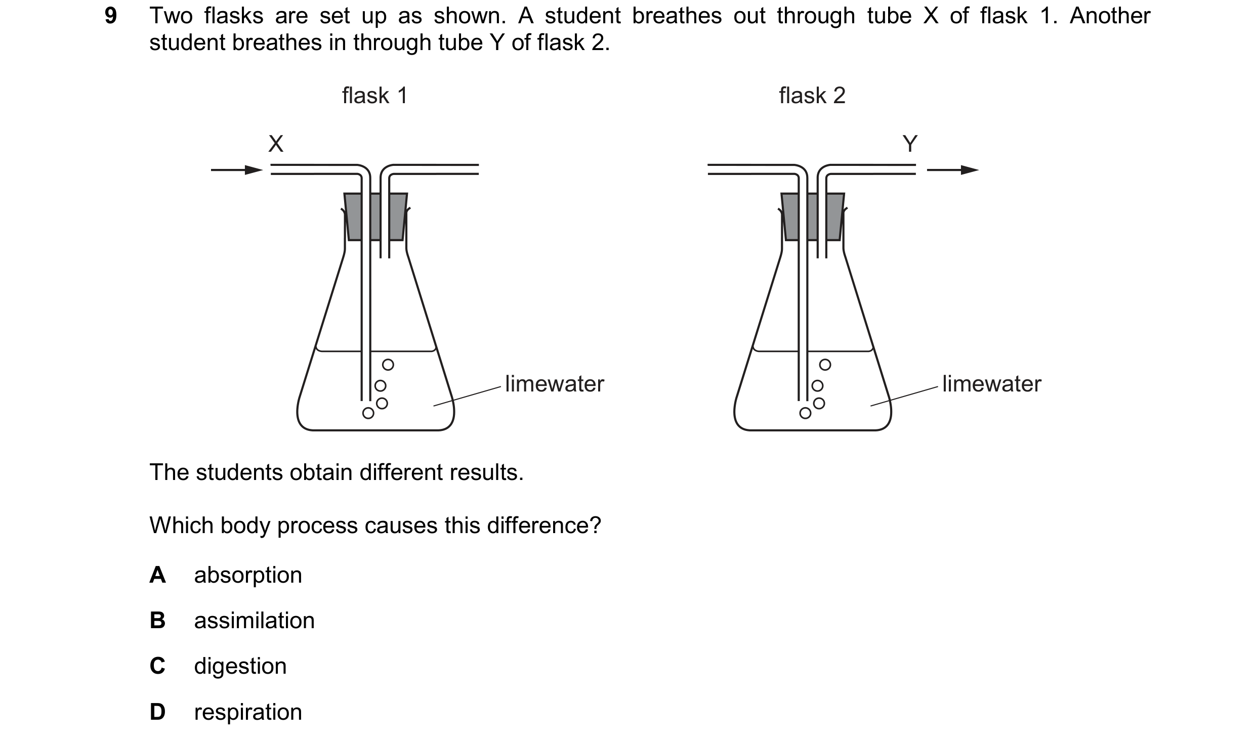 Question 17: Two flasks are set up as shown. A student breathes out through tube X of flask 1. Another student breathes in through tube Y of flask 2. fl…