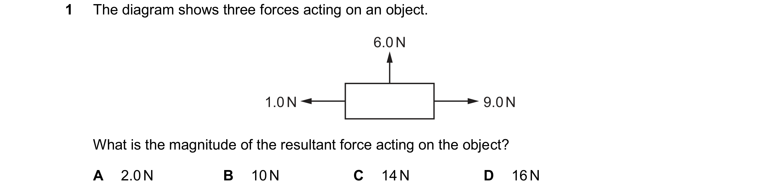 Question 220: The diagram shows three forces acting on an object. 6.0 N 1.0 N 9.0 N What is the magnitude of the resultant force acting on the object? A …