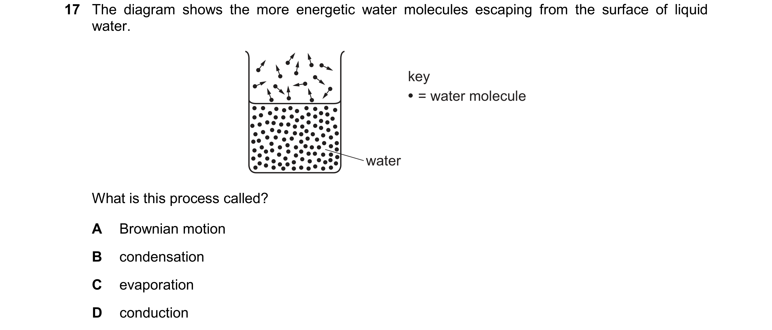 Question 153: The diagram shows the more energetic water molecules escaping from the surface of liquid water. key = water molecule water What is this pro…