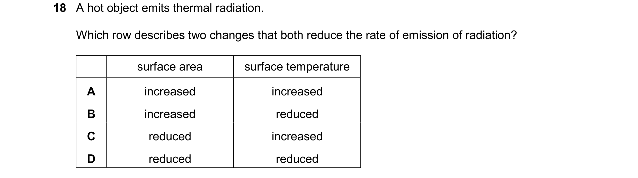 Question 99: A hot object emits thermal radiation. Which row describes two changes that both reduce the rate of emission of radiation? surface area surf…