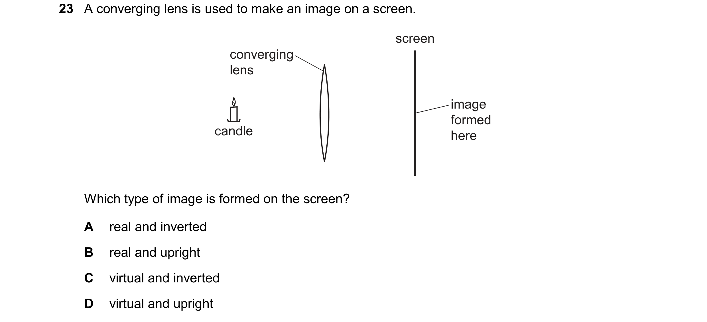 Question 177: A converging lens is used to make an image on a screen. screen converging lens image formed candle here Which type of image is formed on th…