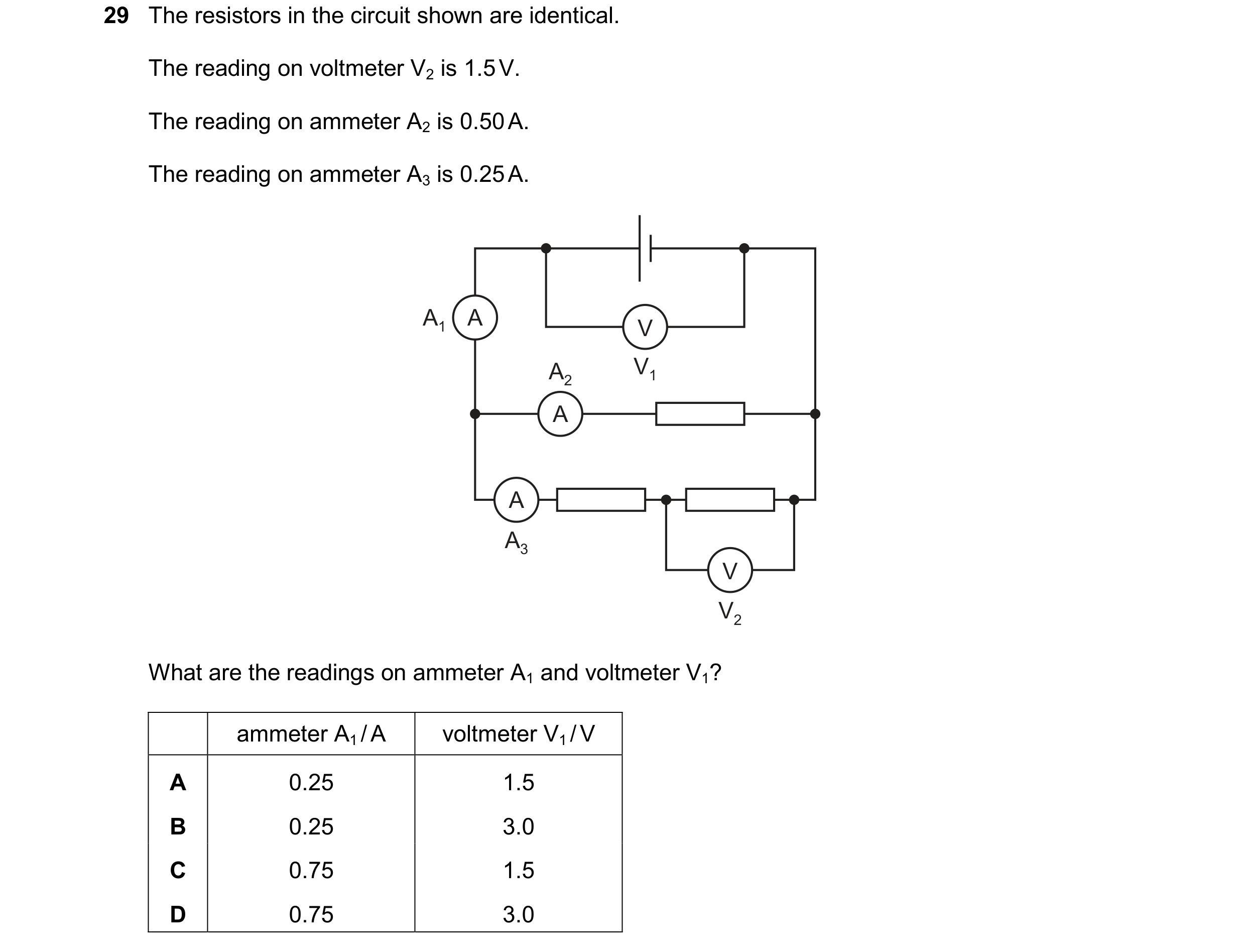 Question 291: The resistors in the circuit shown are identical. The reading on voltmeter V2 is 1.5 V. The reading on ammeter A2 is 0.50 A. The reading on…