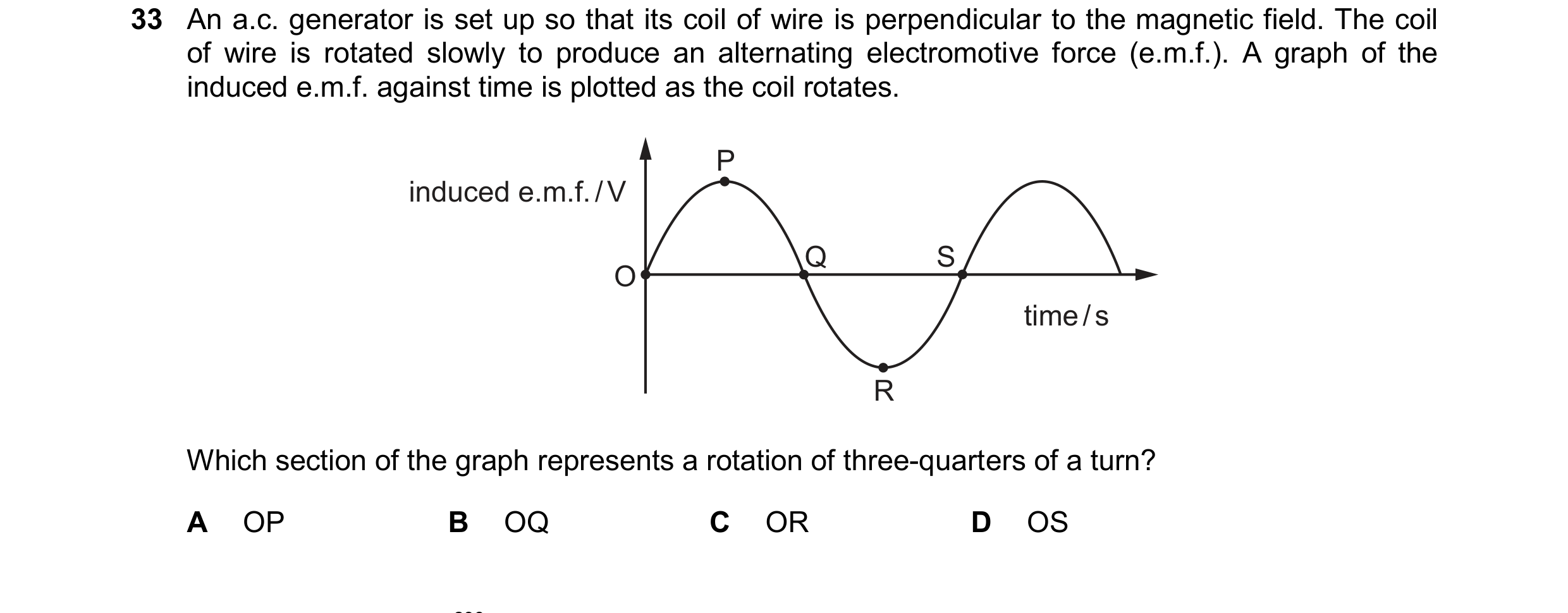 Question 174: An a.c. generator is set up so that its coil of wire is perpendicular to the magnetic field. The coil of wire is rotated slowly to produce …