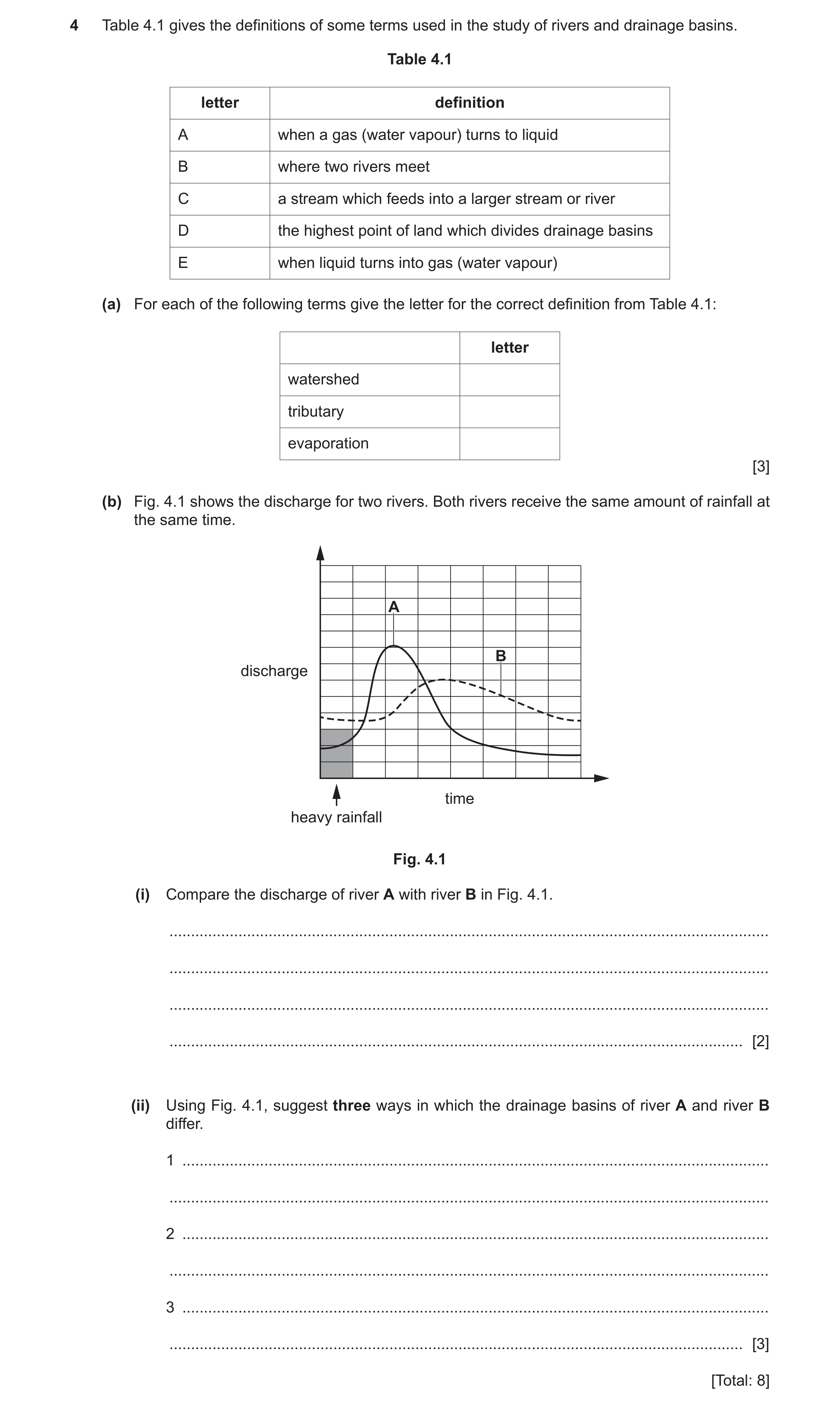 Question 44: Table 4.1 gives the definitions of some terms used in the study of rivers and drainage basins. Table 4.1 letter definition A when a gas (wa…