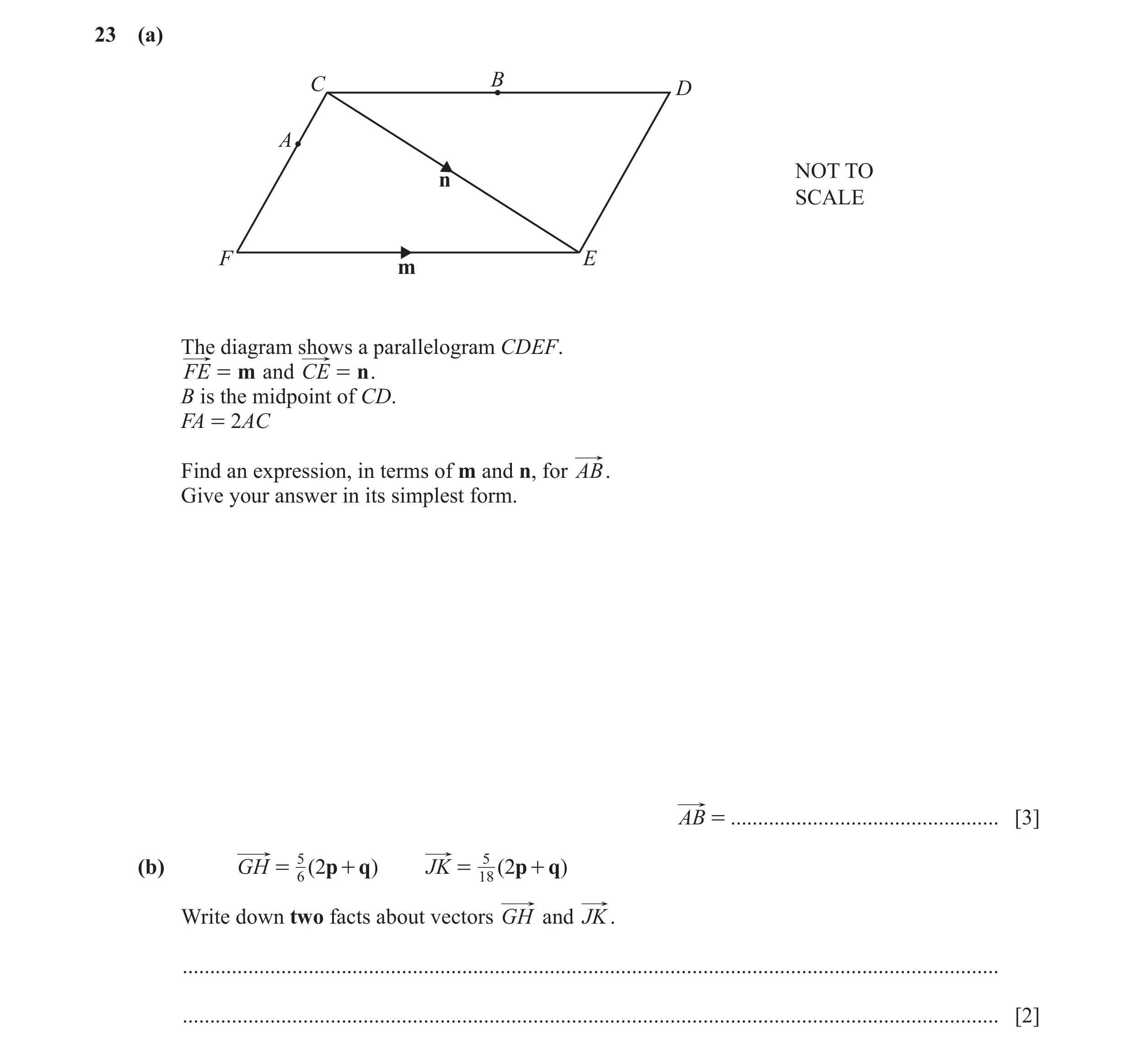 Question 55: (a) C B D A NOT TO n SCALE F E m The diagram shows a parallelogram CDEF. FE = m and CE = n . B is the midpoint of CD. FA = 2AC Find an expr…