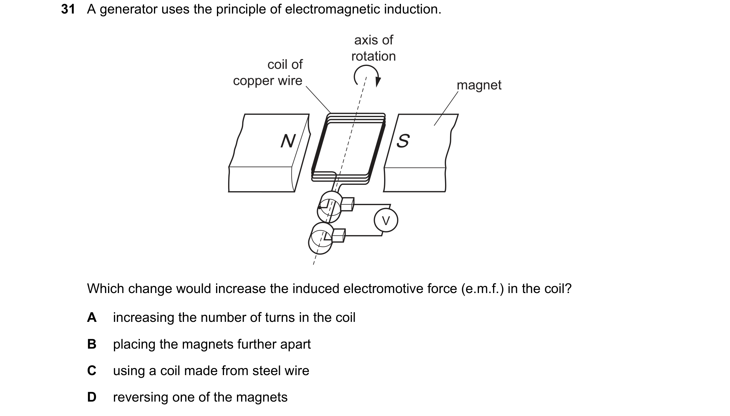 Question 267: A generator uses the principle of electromagnetic induction. axis of rotation coil of copper wire magnet N S V Which change would increase …