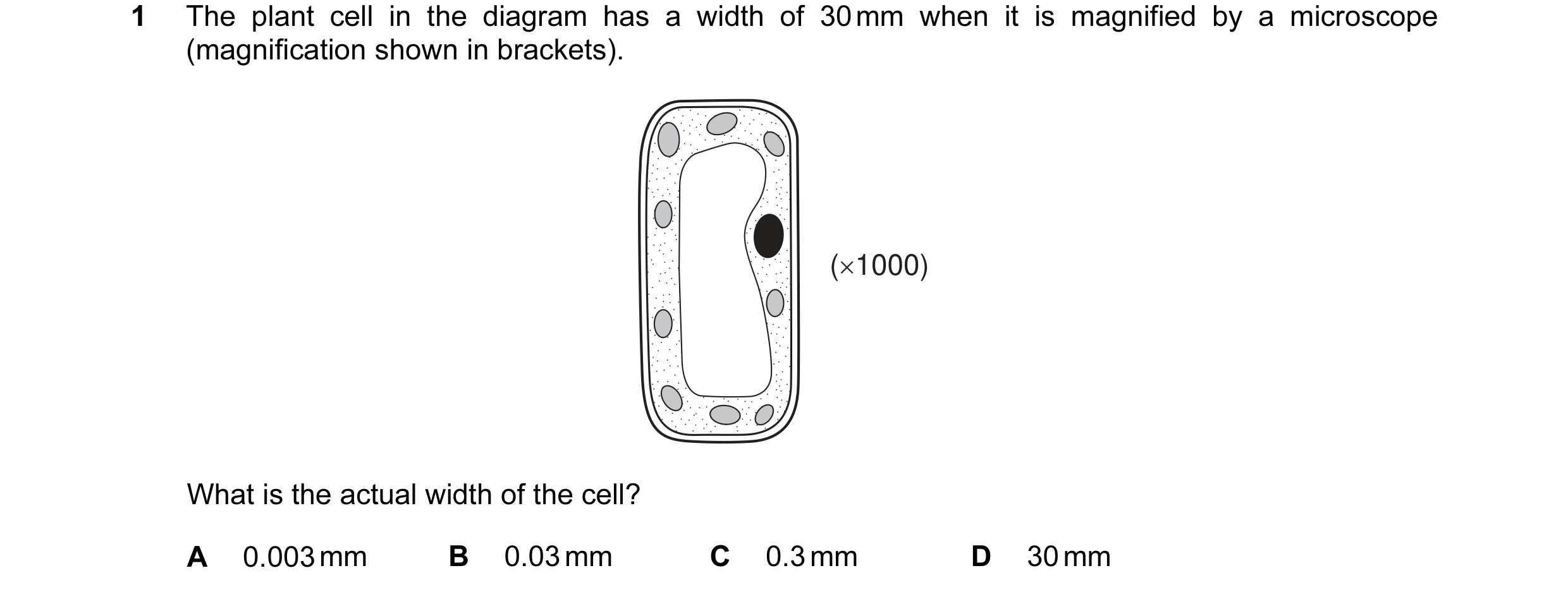 Question 2: The plant cell in the diagram has a width of 30 mm when it is magnified by a microscope (magnification shown in brackets). (×1000) What is …