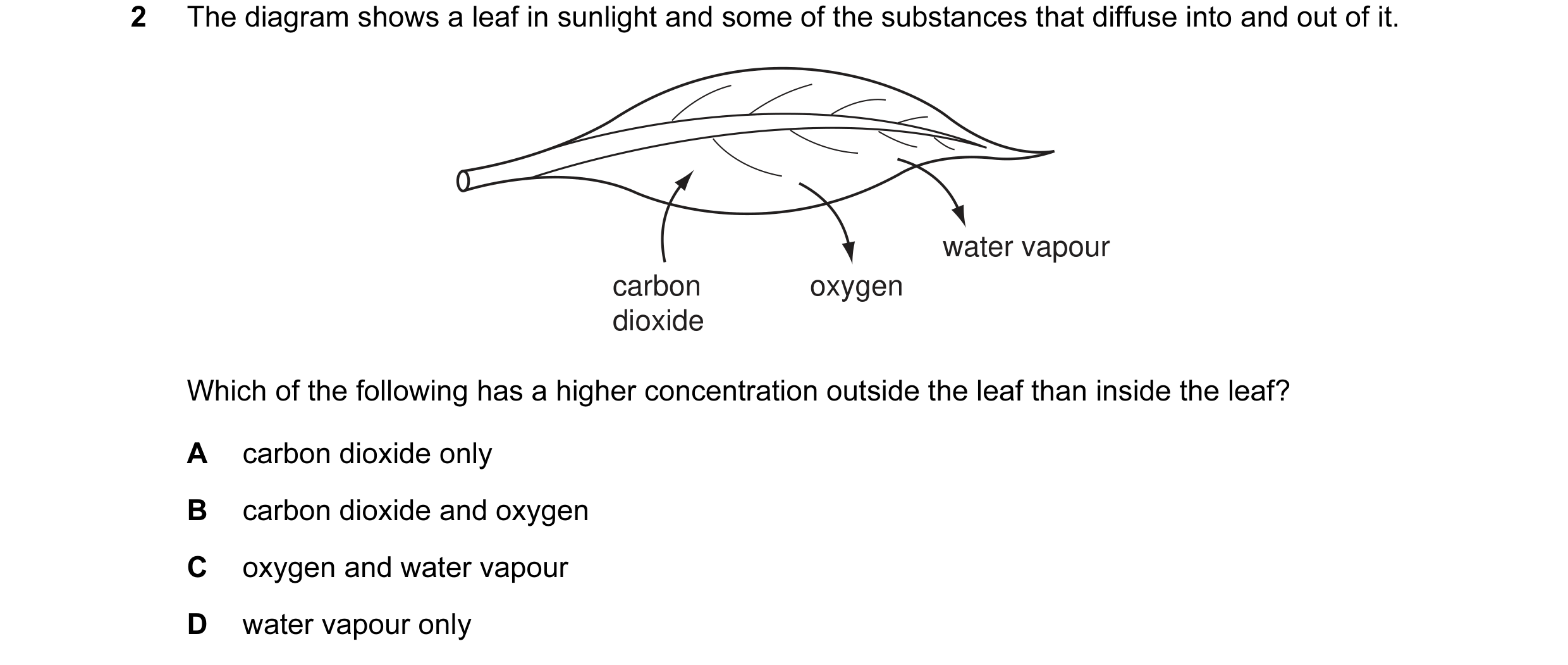 Question 21: The diagram shows a leaf in sunlight and some of the substances that diffuse into and out of it. water vapour carbon oxygen dioxide Which o…