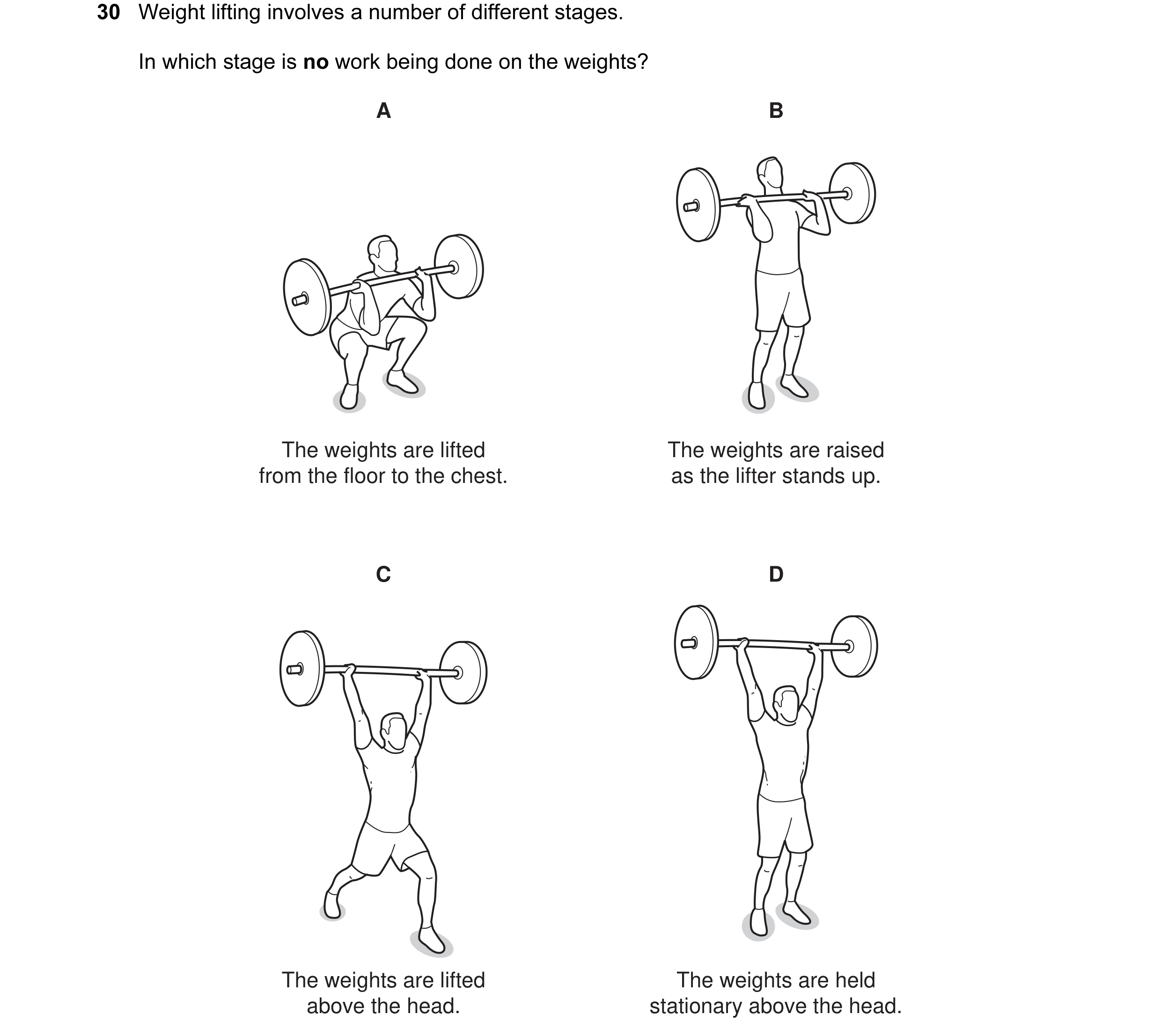 Question 32: Weight lifting involves a number of different stages. In which stage is no work being done on the weights? A B The weights are lifted The w…