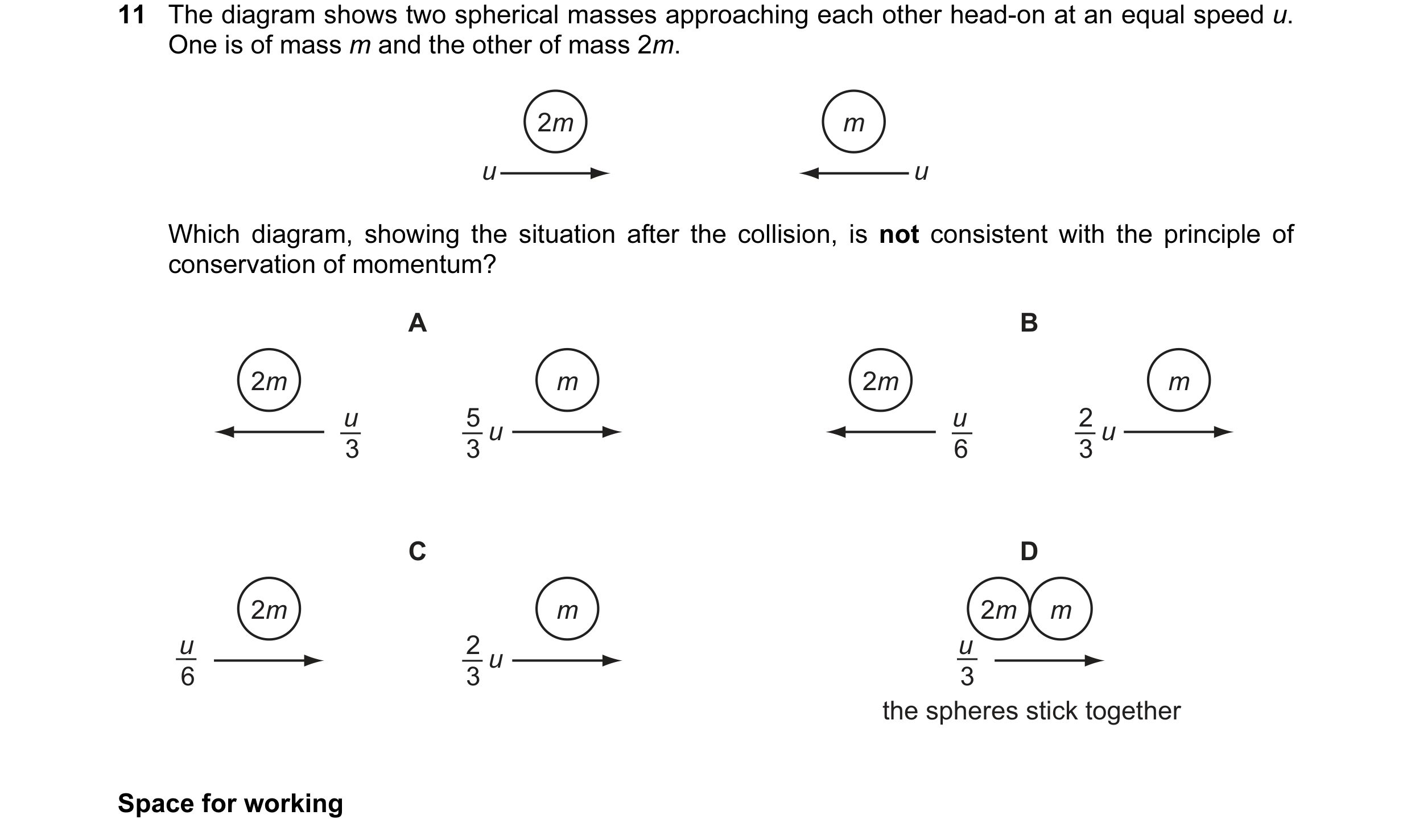Question 53: The diagram shows two spherical masses approaching each other head-on at an equal speed u. One is of mass m and the other of mass 2m. 2m m …