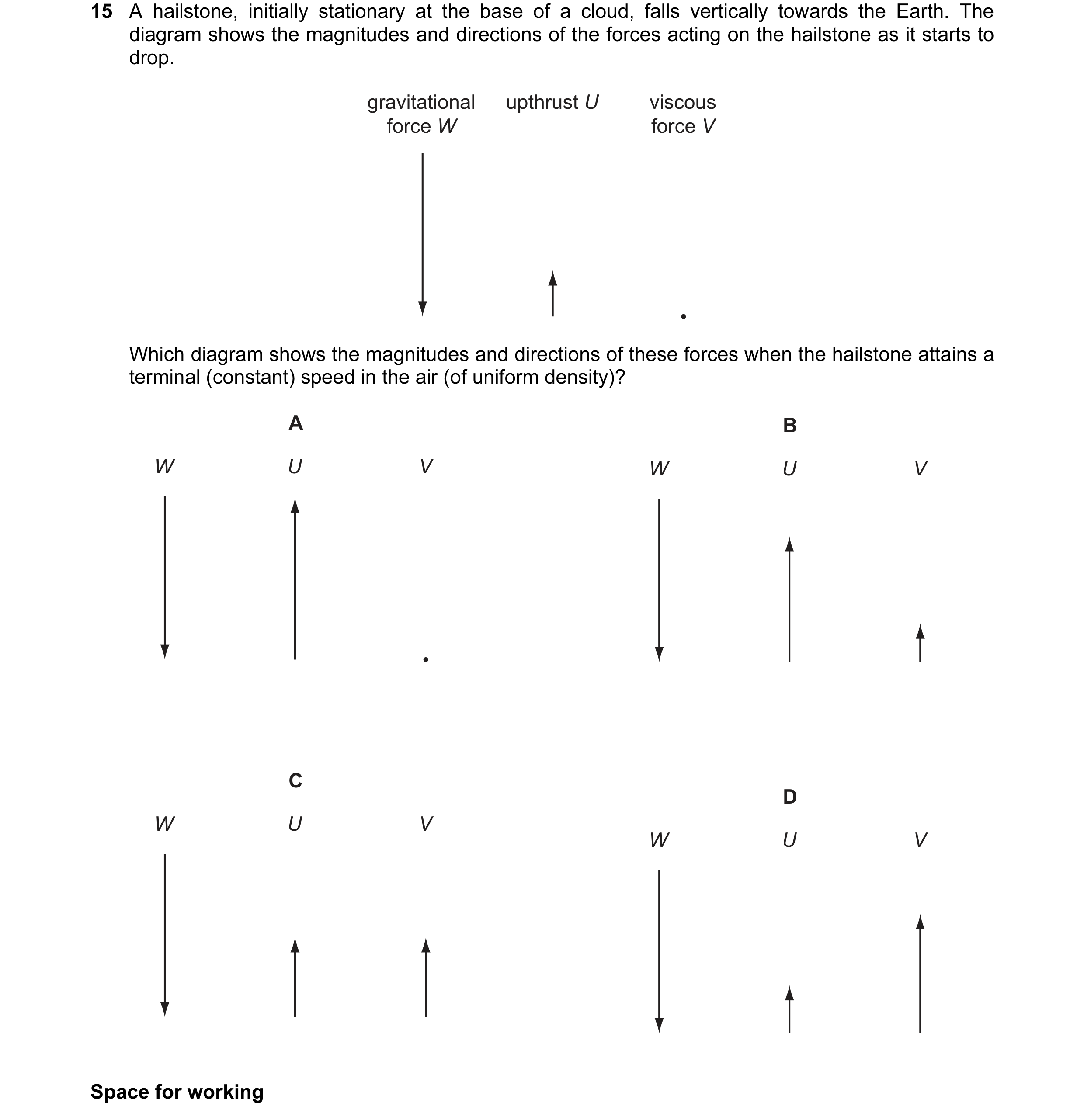 Question 31: A hailstone, initially stationary at the base of a cloud, falls vertically towards the Earth. The diagram shows the magnitudes and directio…