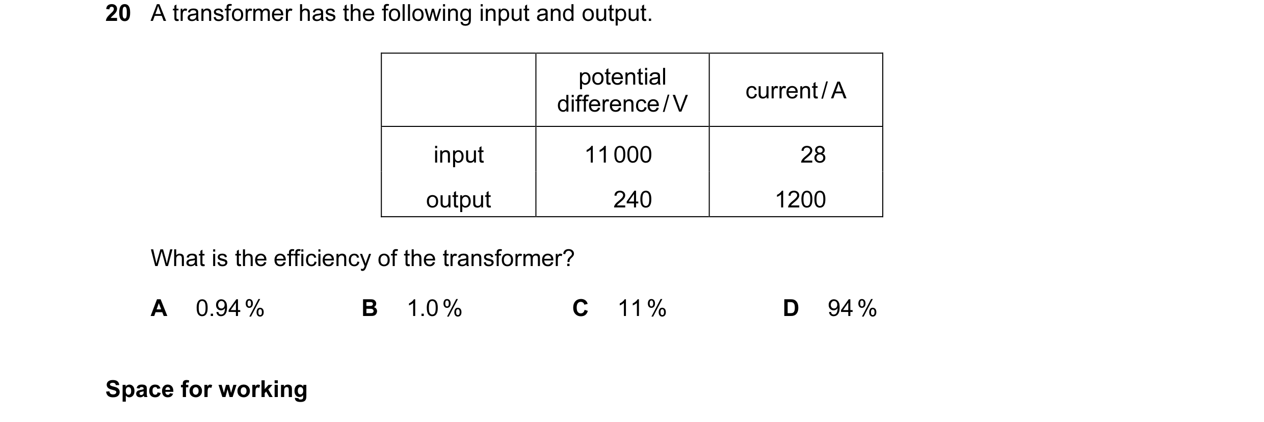 Question 51: A transformer has the following input and output. potential current / A difference / V input 11 000 28 output 240 1200 What is the efficien…