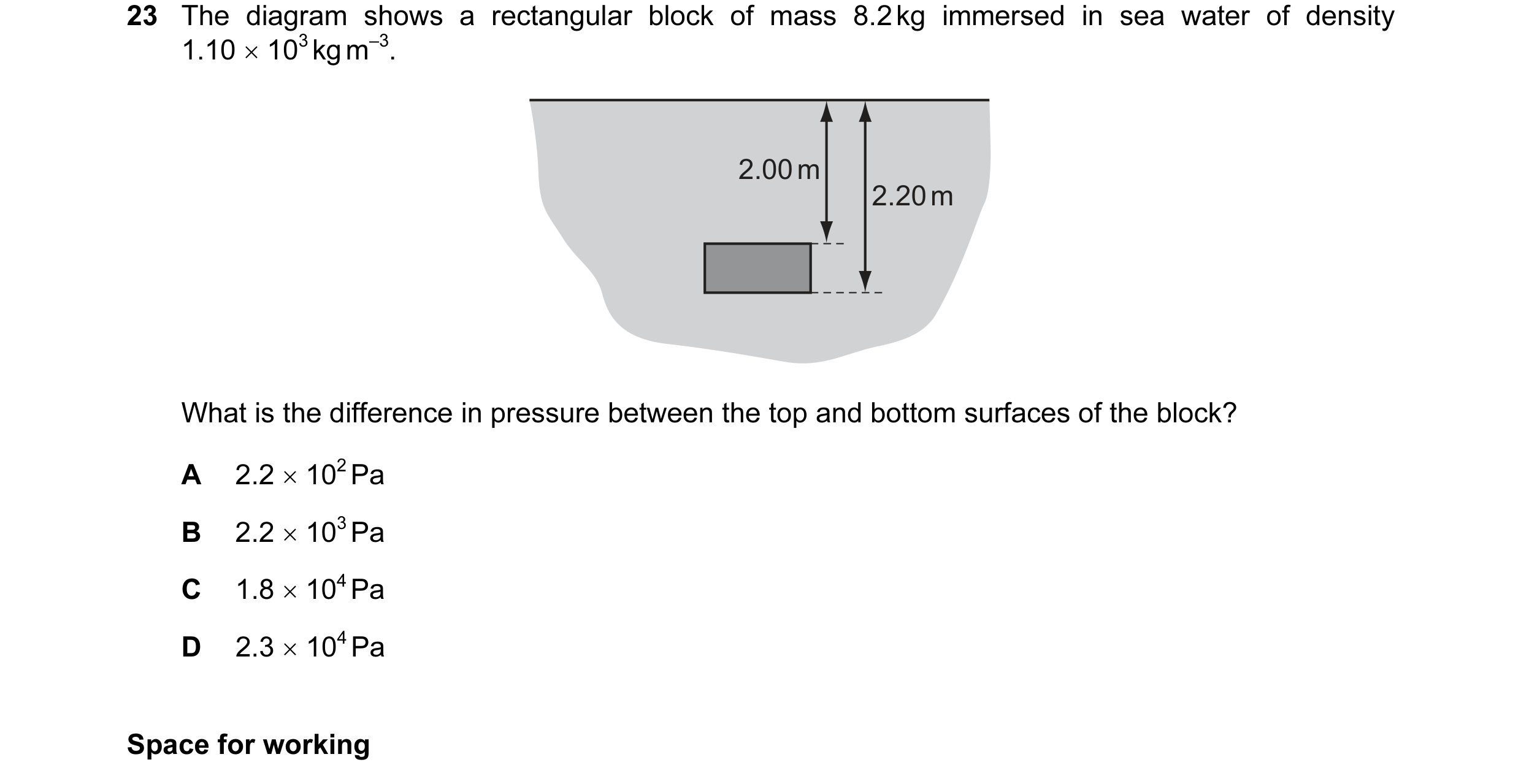 Question 35: The diagram shows a rectangular block of mass 8.2 kg immersed in sea water of density 1.10 × 103 kg m–3. 2.00 m 2.20 m What is the differen…