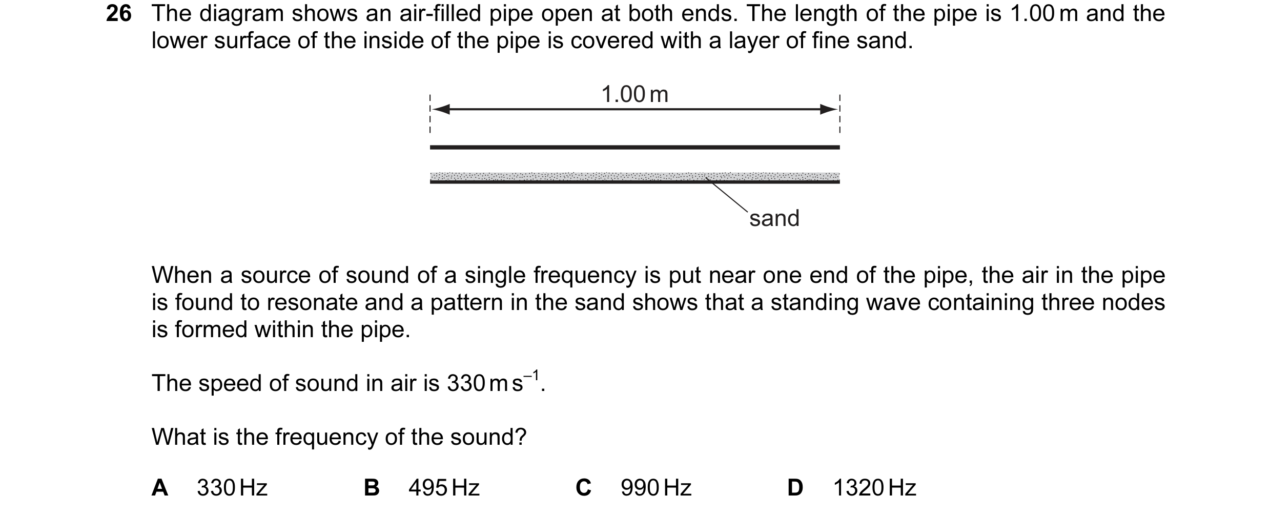 Question 27: The diagram shows an air-filled pipe open at both ends. The length of the pipe is 1.00 m and the lower surface of the inside of the pipe is…