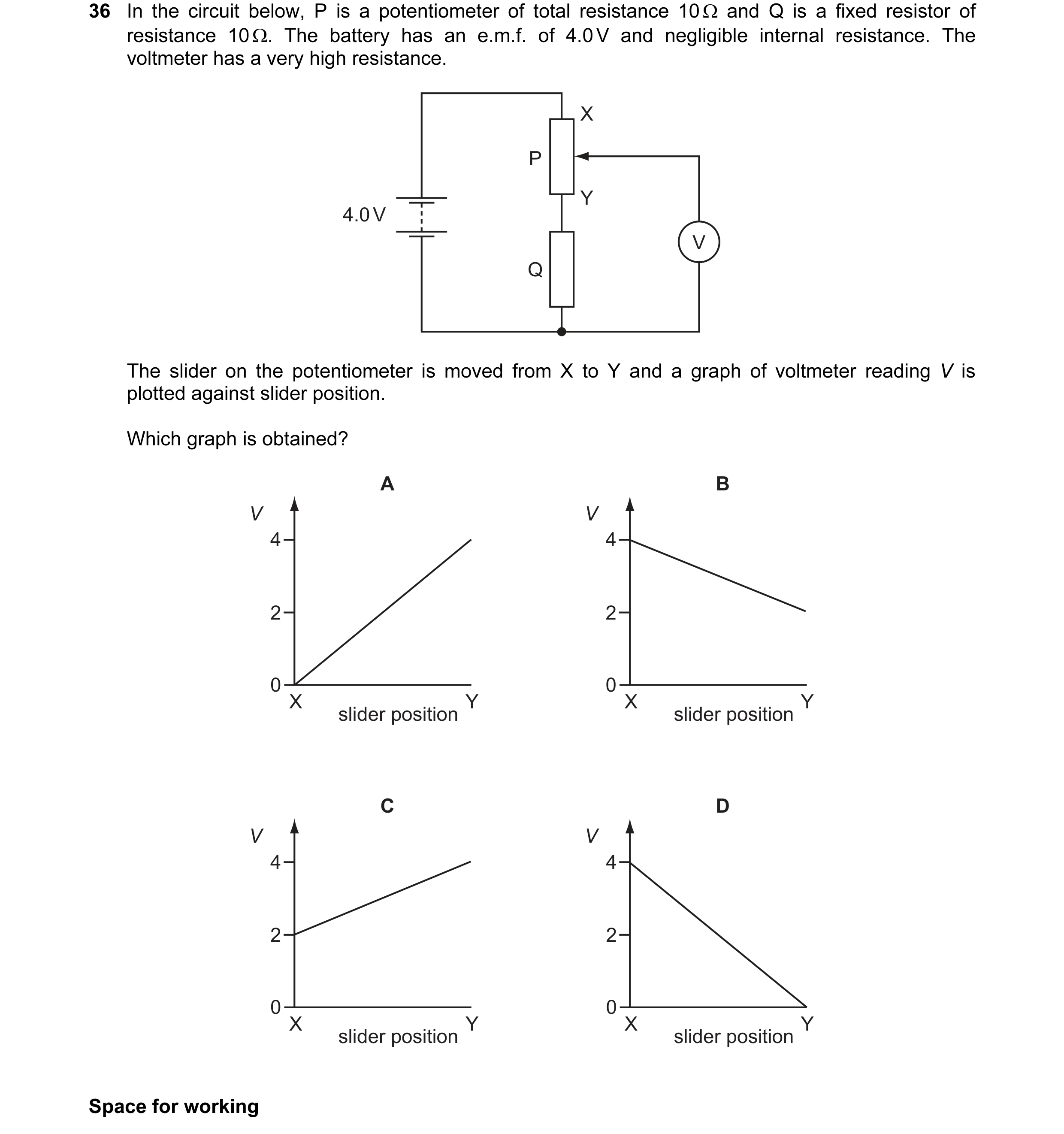 Question 28: In the circuit below, P is a potentiometer of total resistance 10  Ω and Q is a fixed resistor of resistance 10 Ω. The battery has an e.m.f…
