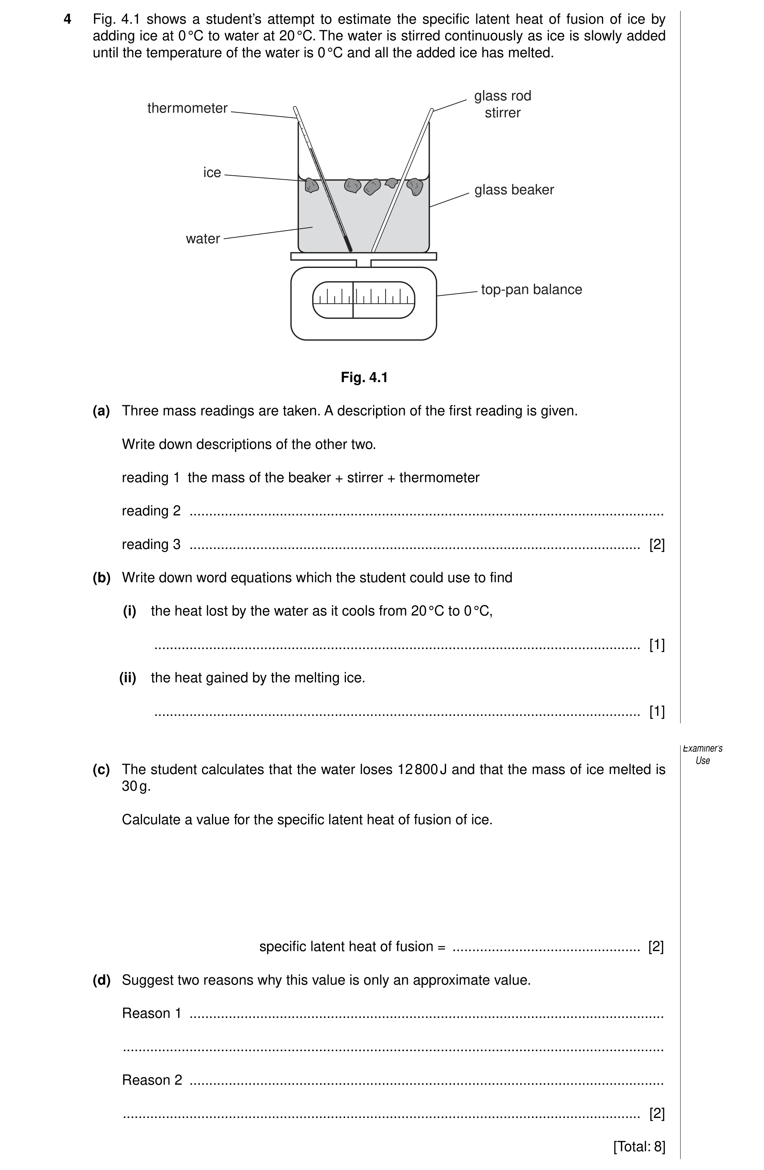 Question 4: Fig. 4.1 shows a student’s attempt to estimate the specific latent heat of fusion of ice by adding ice at 0 °C to water at 20 °C. The water…