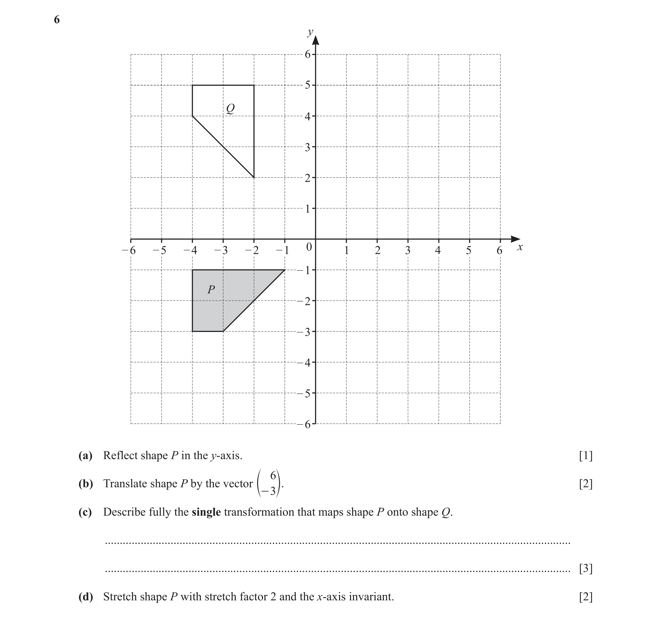 Question 12: y 6 5 Q 4 3 2 1 – 6 – 5 – 4 – 3 – 2 – 1 0 1 2 3 4 5 6 x – 1 P – 2 – 3 – 4 – 5 – 6 (a) Reflect shape P in the y-axis. [1] 6 (b) Translate sh…