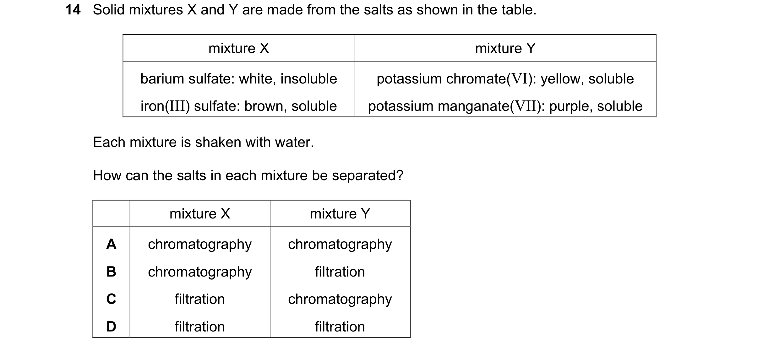 Question 29: Solid mixtures X and Y are made from the salts as shown in the table. mixture X mixture Y barium sulfate: white, insoluble potassium chroma…