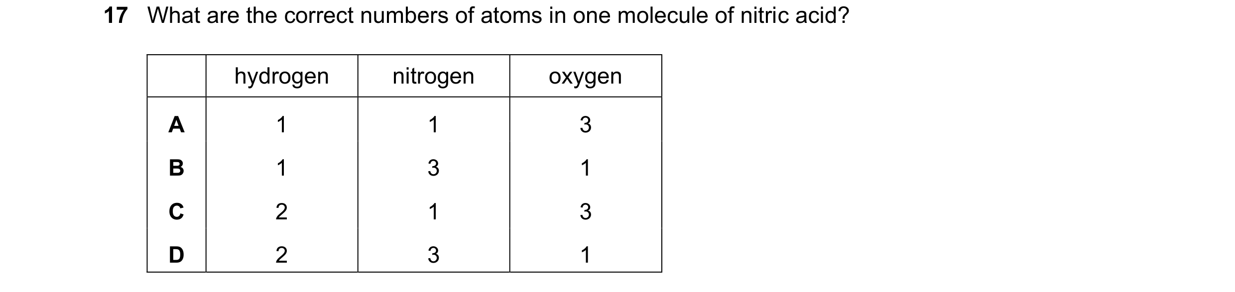 Question 39: What are the correct numbers of atoms in one molecule of nitric acid? hydrogen nitrogen oxygen A 1 1 3 B 1 3 1 C 2 1 3 D 2 3 1
