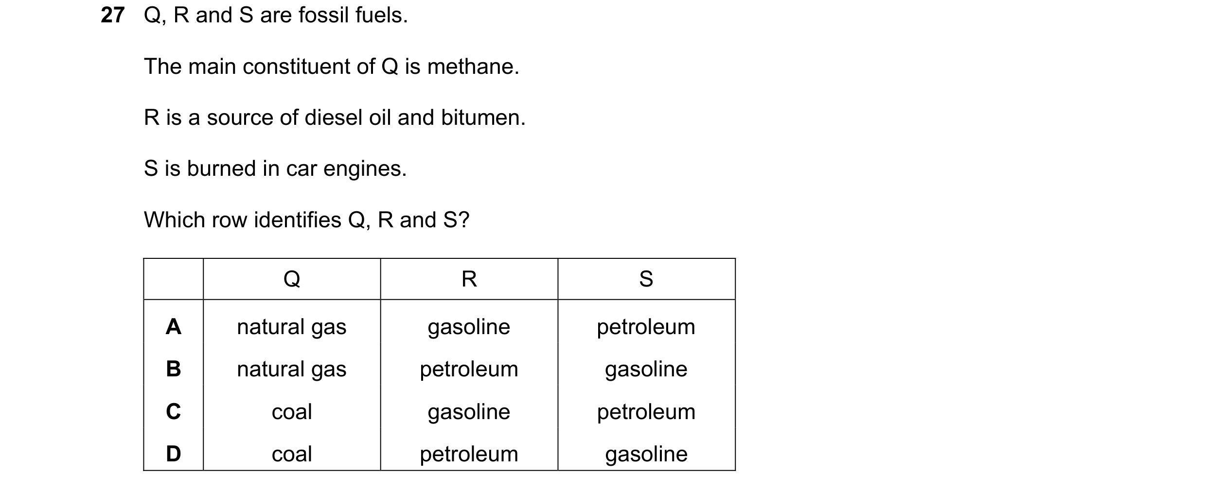 Question 30: Q, R and S are fossil fuels. The main constituent of Q is methane. R is a source of diesel oil and bitumen. S is burned in car engines. Whi…