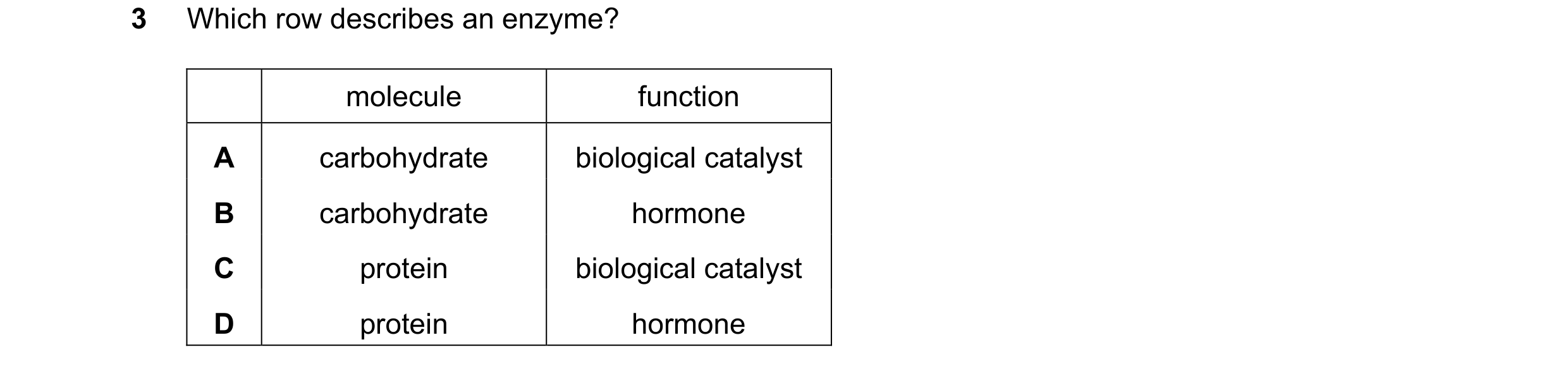 Question 49: Which row describes an enzyme? molecule function A carbohydrate biological catalyst B carbohydrate hormone C protein biological catalyst D …