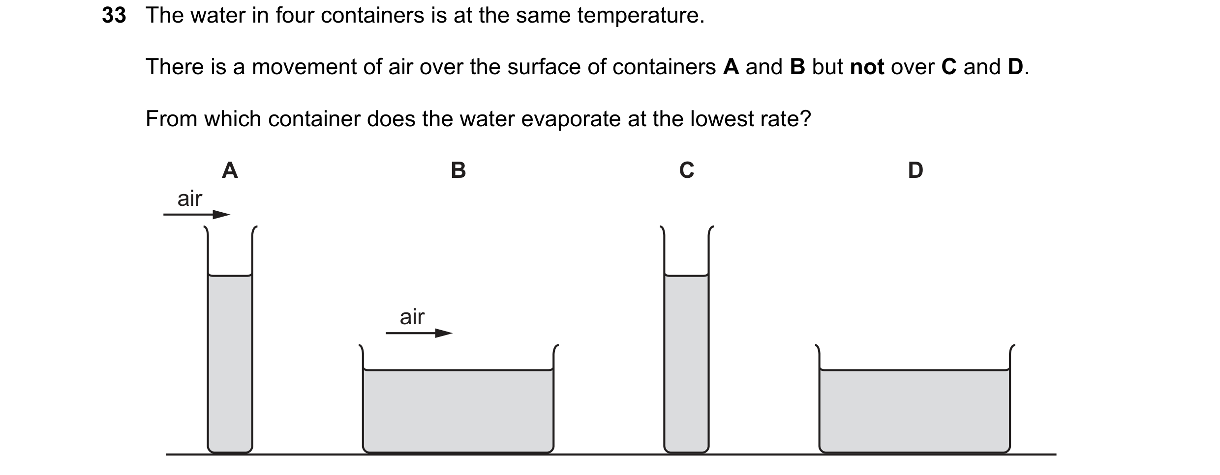 Question 56: The water in four containers is at the same temperature. There is a movement of air over the surface of containers A and B but not over C a…